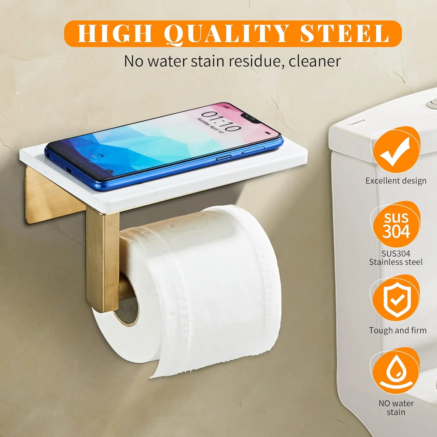 BTHRMHW Brushed Gold Toilet Paper Holder with Shelf, 304 Stainless Steel Screw Wall Mounted, Marble Tissue Roll Holder with Storage
