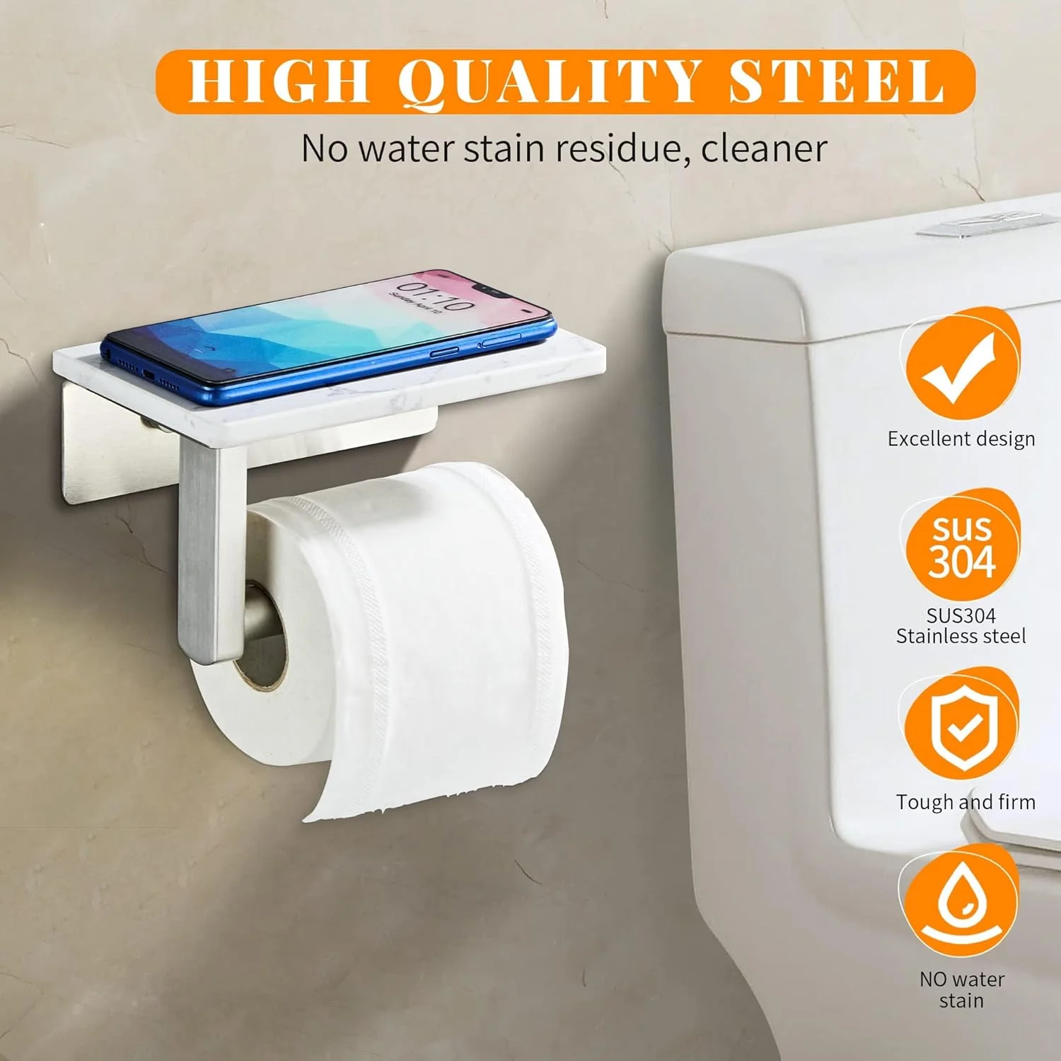 جا دستمال کاغذی نیکل برس خورده با قفسه سنگ مرمر طبیعی، نصب دیواری با پیچ استیل 304، نگهدارنده رول دستمال کاغذی مرمر با فضای ذخیره سازی