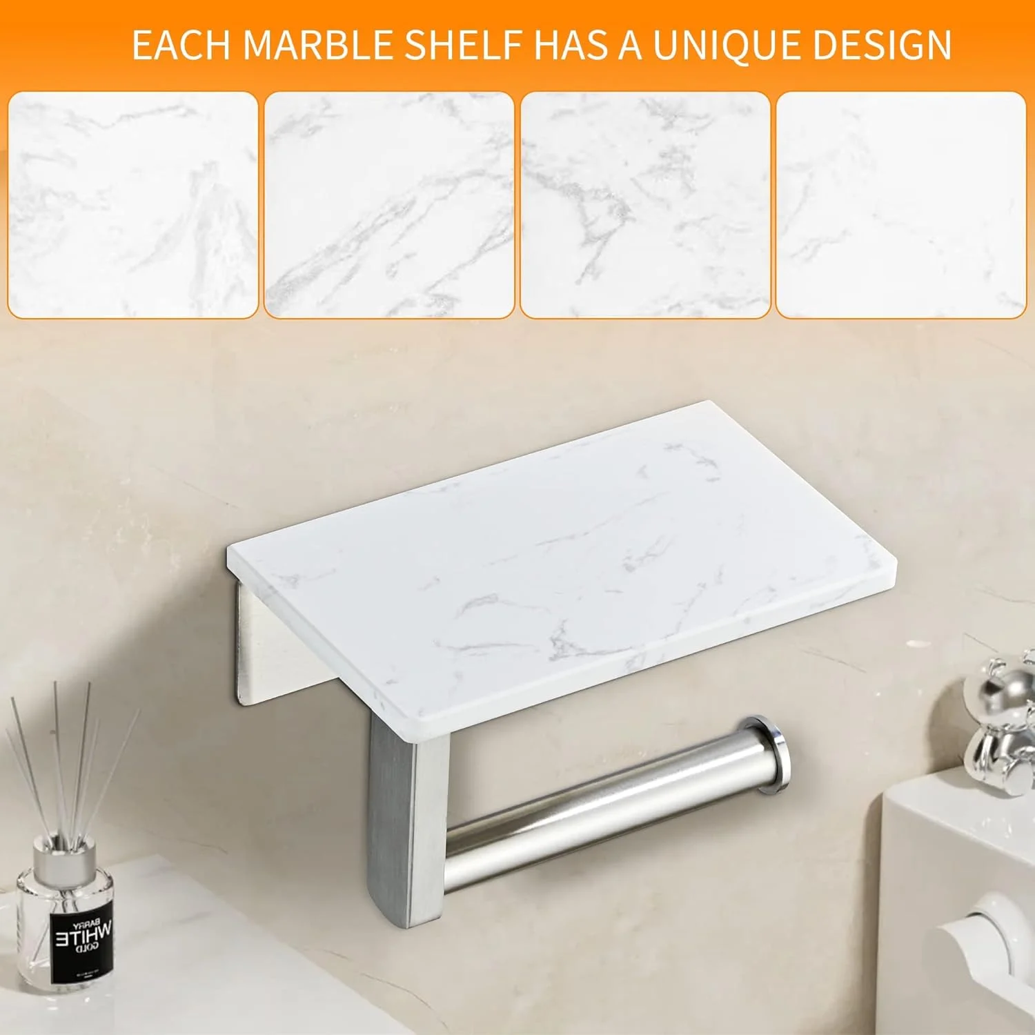 جا دستمال کاغذی نیکل برس خورده با قفسه سنگ مرمر طبیعی، نصب دیواری با پیچ استیل 304، نگهدارنده رول دستمال کاغذی مرمر با فضای ذخیره سازی