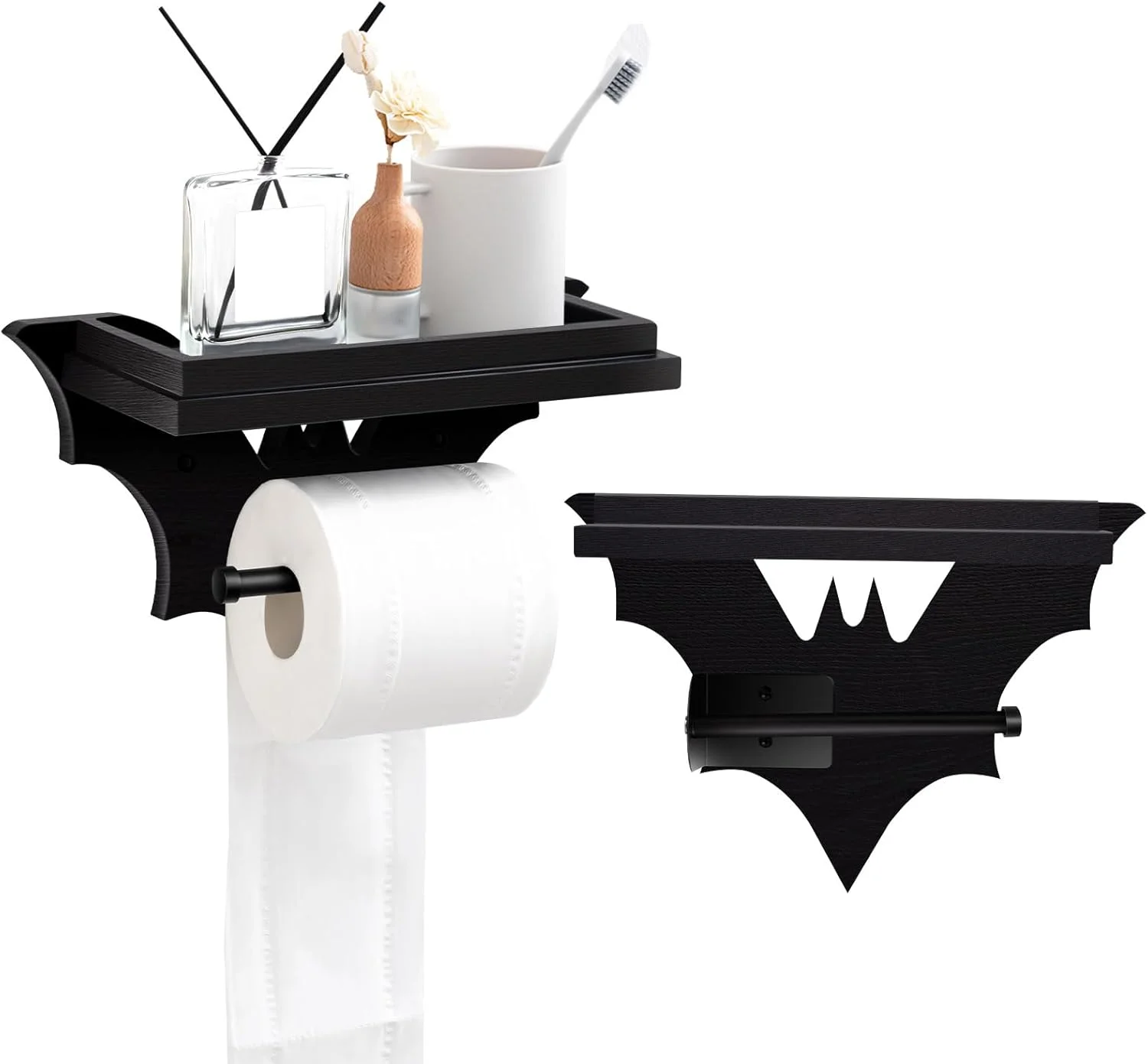 جا دستمال توالت خفاشی Chunful با قفسه، نگهدارنده رول کاغذی چوبی مشکی گوتیک، دکور هالووین گوتیک دیواری برای حمام جا دستمال توالت خفاشی Chunful با قفسه، نگهدارنده رول کاغذی چوبی مشکی گوتیک، دکور هالووین گوتیک دیواری برای حمام