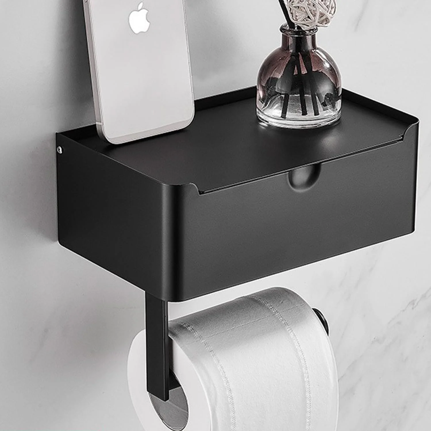 جا دستمال کاغذی دیواری با محفظه، نصب آسان استیل ضد زنگ SUS 304، نگهدارنده دستمال کاغذی و دستمال مرطوب برای حمام، نگهداری راحت و قفسه مات، مشکی