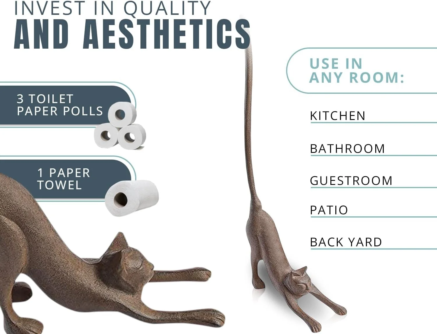 جا دستمال کاغذی یا نگهدارنده دستمال توالت تزئینی گربه یوگا Comfify - گربه ملوس در حالت "سگ رو به پایین" - پایه دستمال کاغذی چدنی - ذخیره سازی چدنی عتیقه - کاربردهای متعدد - ارتفاع 48 سانتی متر.