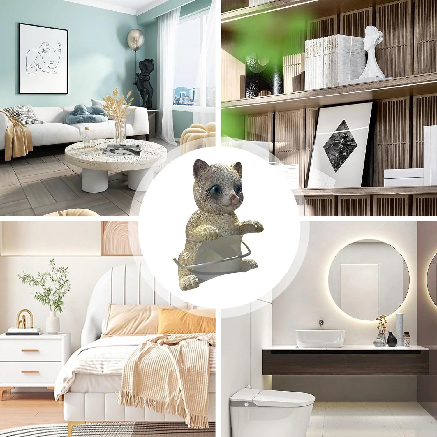 جا دستمال کاغذی توالت فانتزی - استند نگهدارنده دستمال کاغذی طرح گربه | لوازم جانبی رزینی حمام، نصب دیواری، پخش کننده دستمال کاغذی فانتزی، مجسمه حیوانات بدون نیاز به سوراخکاری برای حمام و آشپزخانه