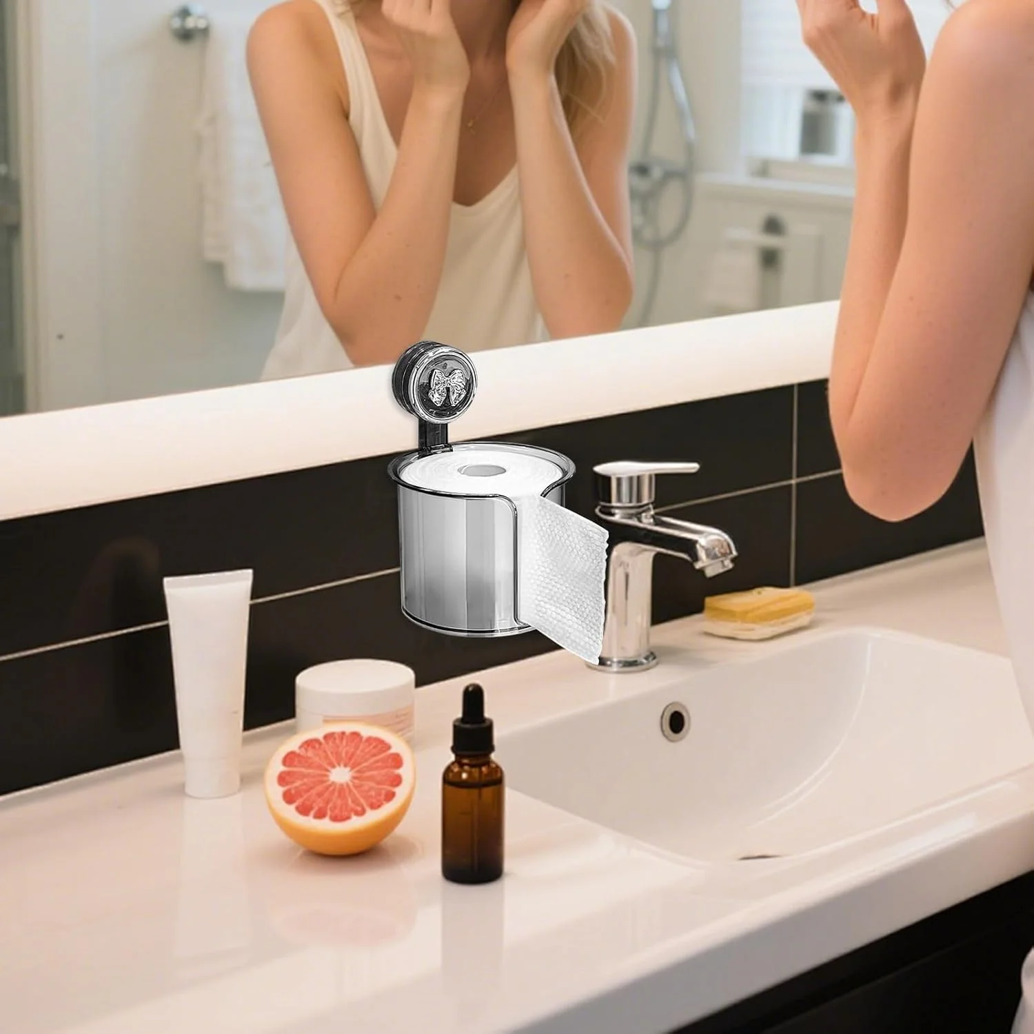 جا دستمال کاغذی توالت - جا دستمال توالت مکنده ای دیواری، جعبه پخش کننده رول دستمال کاغذی شفاف برای اتاق استراحت هتل، بالکن، آشپزخانه، سرویس بهداشتی