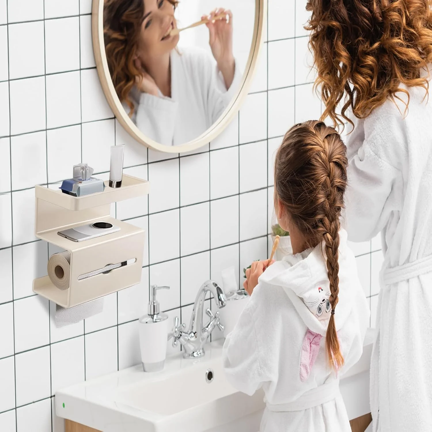 جا دستمال توالت با قفسه، جا دستمال توالت بدون نیاز به سوراخکاری با محفظه نگهداری دستمال مرطوب - پایه مدرن و صرفه جویی در فضا برای سرویس بهداشتی، کاروان، حمام مهمان، آپارتمان و خانه