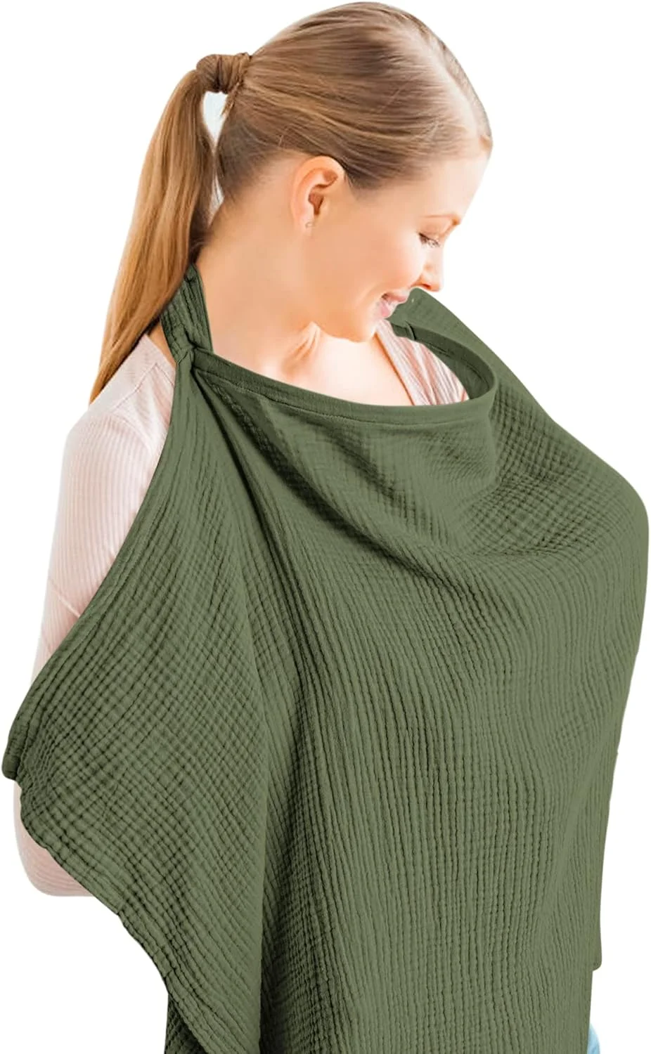 روپوش شیردهی موسلین Konssy برای تغذیه نوزاد، روپوش شیردهی 100% نخی قابل تنفس با حلقه سفت برای پیش بند شیردهی مادر، سایبان صندلی ماشین چند منظوره (سبز تیره)