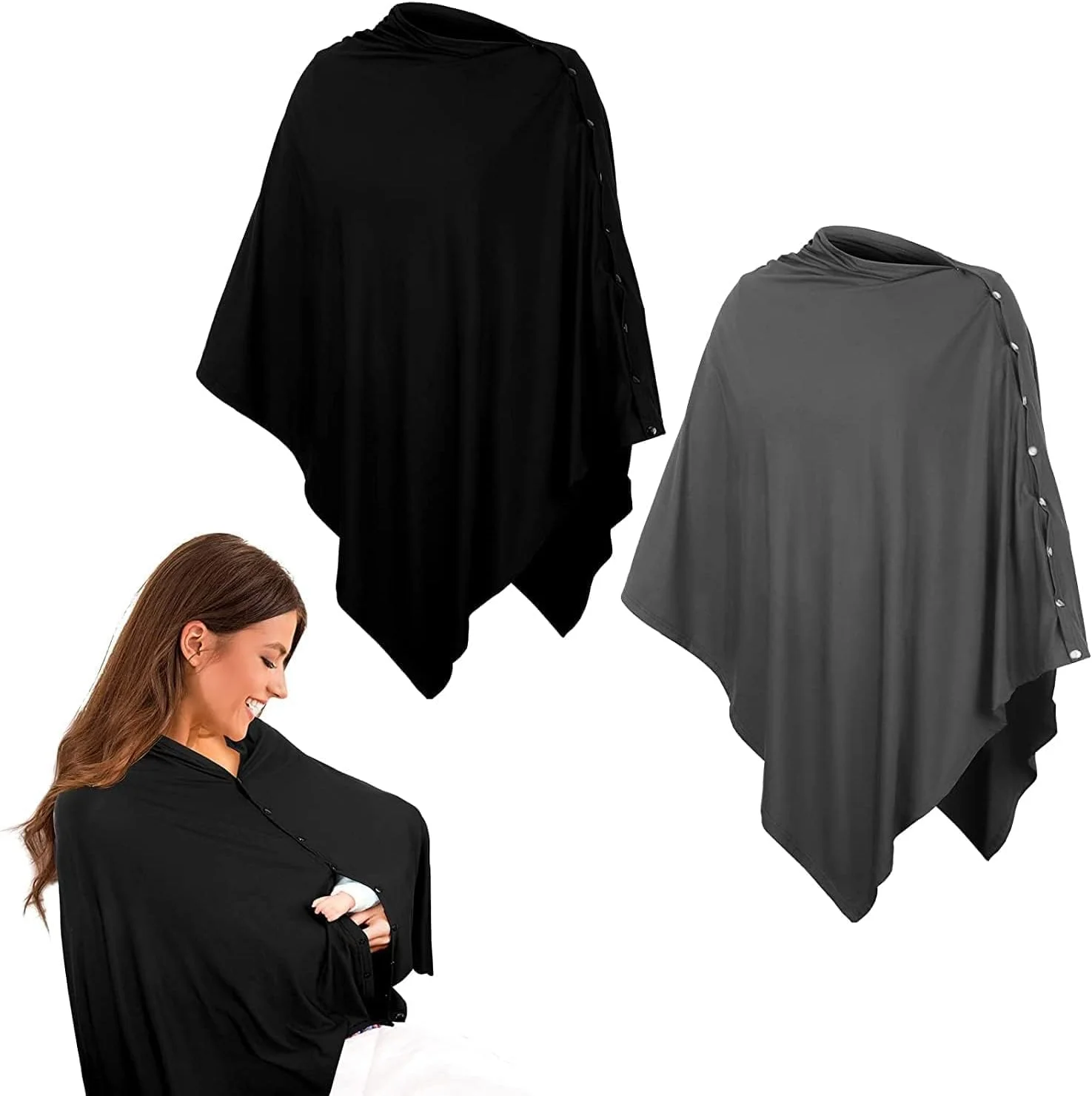 2 عدد روکش شیردهی برای مادران، شال شیردهی حریم خصوصی، پانچو و شال شیردهی دکمه دار، تنفس پذیر، مناسب برای پسران و دختران، روکش سایبان صندلی ماشین نوزاد (مشکی+خاکستری)