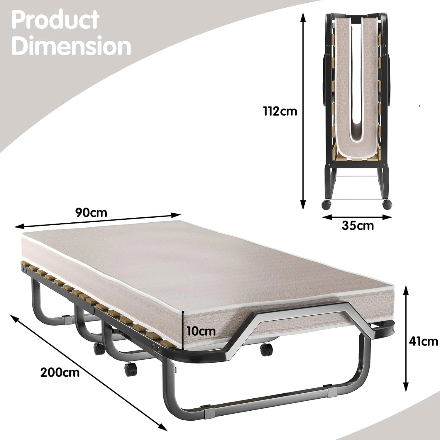 تخت تاشو COSTWAY با تشک فوم حافظه دار لوکس به ضخامت 10 سانتی متر، تخت مهمان قابل حمل چرخ دار، تخت خواب تاشو یک نفره با قاب فلزی و لت های چوبی برای خانه، دفتر کار، کمپینگ (بژ، 200x90 سانتی متر)