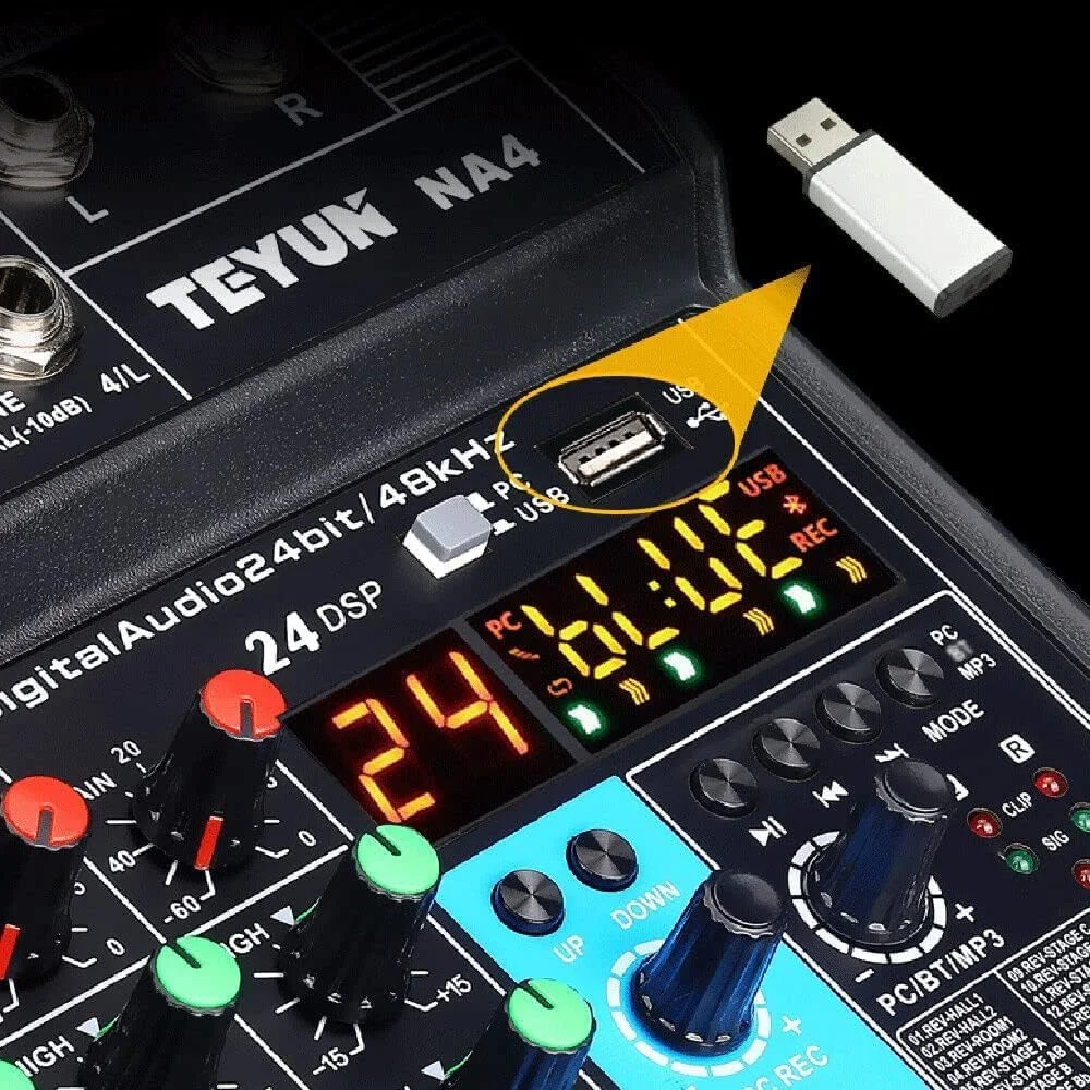 میکسر صوتی 4 کانال، میکسر بلوتوث USB MP3، میکسر استودیویی زنده با کارت صدا و فانتوم پاور 48 ولت استریو DJ برای استریمینگ میکسر صوتی 4 کانال، میکسر بلوتوث USB MP3، میکسر استودیویی زنده با کارت صدا و فانتوم پاور 48 ولت استریو DJ برای استریمینگ