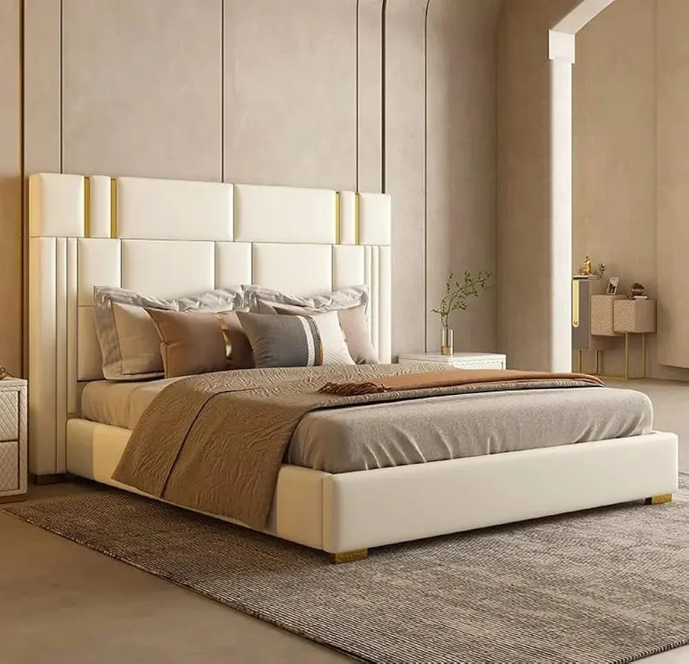 تخت خواب سایز بزرگ کامفینست، مستقیم از کارخانه، تاج تخت اختیاری، پایه فلزی سفید سبز، تخت خواب دو نفره، مبلمان اتاق خواب لوکس و ساده، طراحی 180cmX200cm