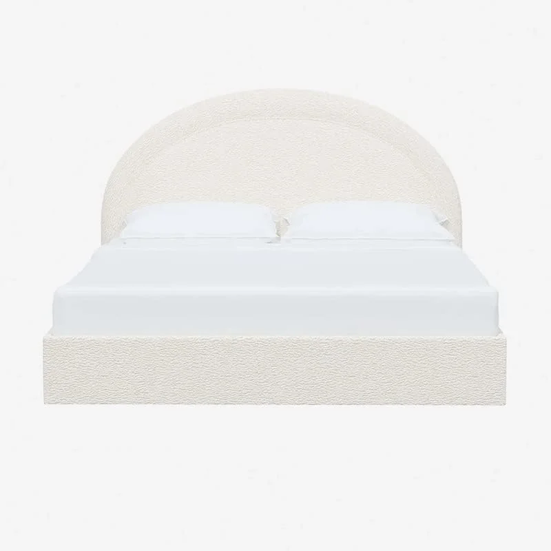تخت خواب رومئو با روکش بوکله، سایز کوئین، تخت خواب نرم روکش شده، تخت خواب سفارشی رومئو سایز کوئین برای مبلمان اتاق خواب، ساختار قاب محکم با تخت خواب رومئو روکش شده با بوکله
