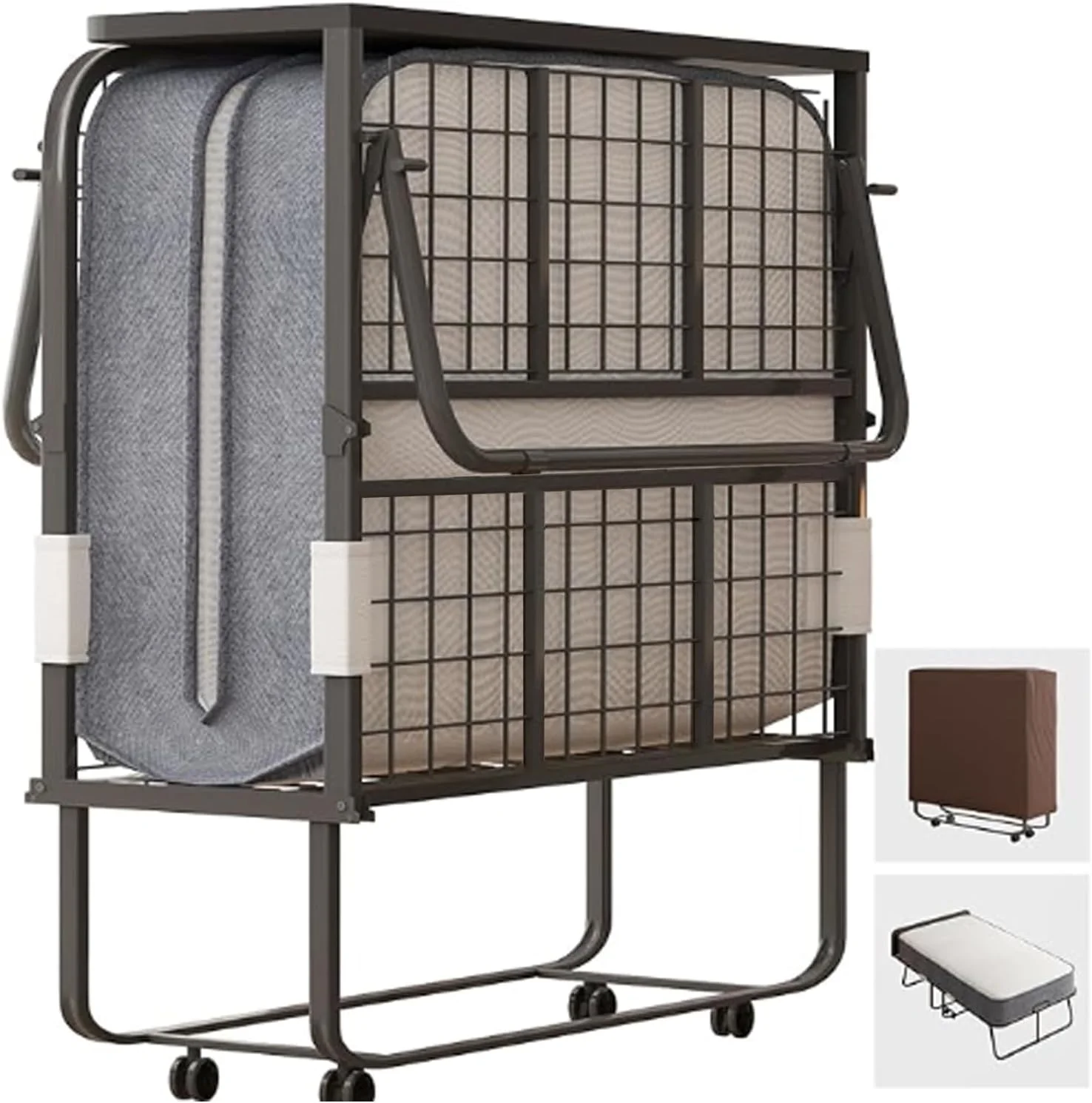 تخت تاشو CECER با تشک فوم 5 اینچی، تختخواب چرخدار 75" x 46"، تخت مهمان کم جا با تاج تخت، تخت اضافی تاشو قابل حمل سایز یک نفره برای بزرگسالان با قاب فلزی محکم