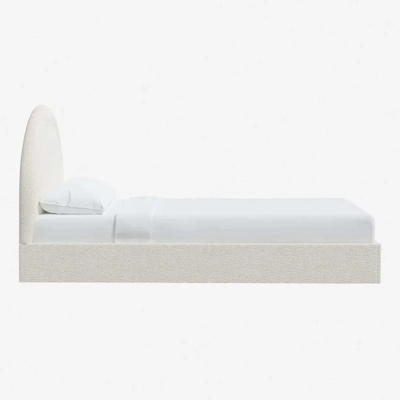 تخت خواب رومئو با روکش بوکله، سایز کوئین، تخت خواب نرم روکش شده، تخت خواب سفارشی رومئو سایز کوئین برای مبلمان اتاق خواب، ساختار قاب محکم با تخت خواب رومئو روکش شده با بوکله