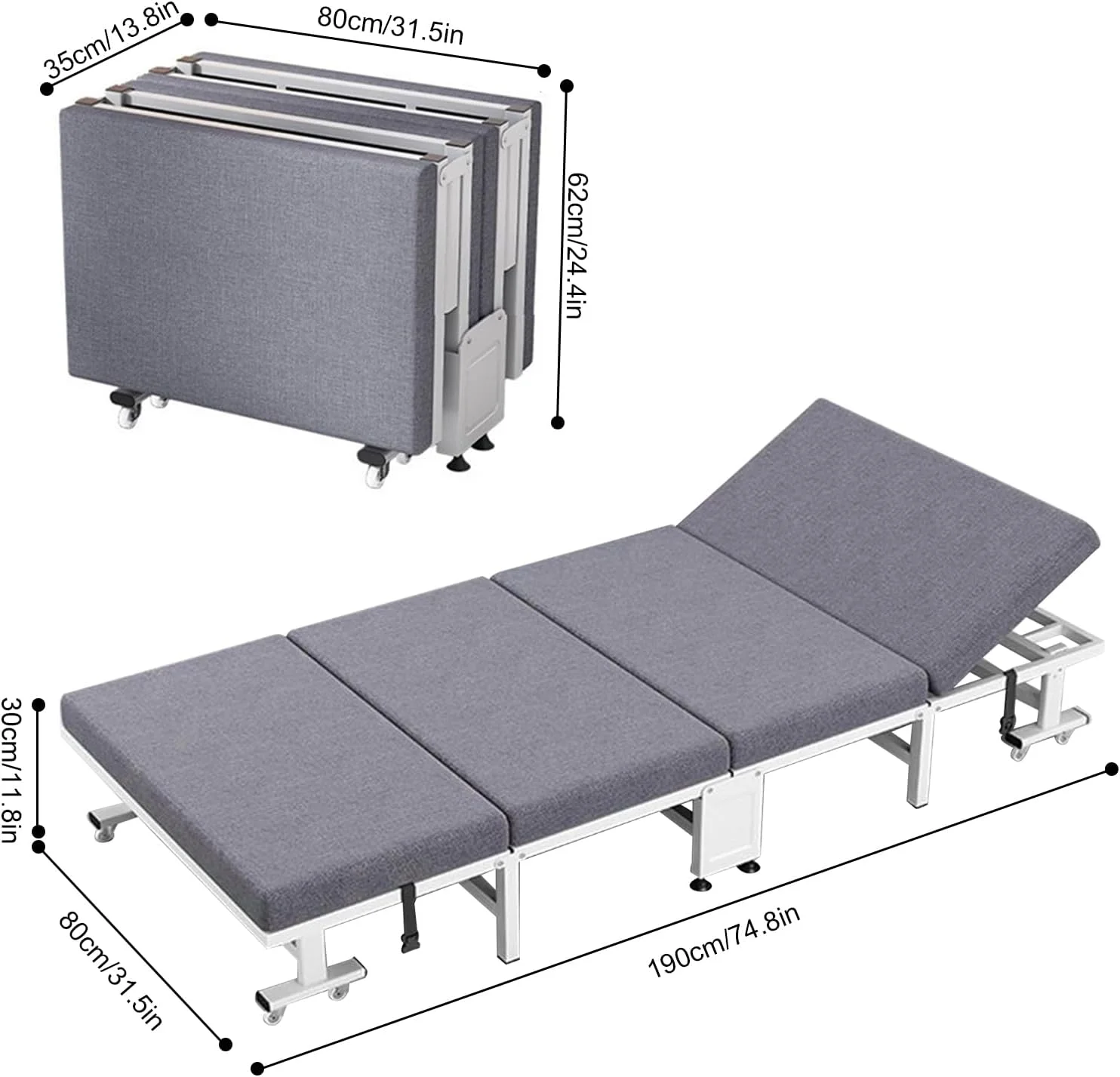 تخت تاشو مهمان CEIEVER، تخت تاشو قابل حمل با تنظیم پشتی 6 حالته، تخت خواب یک نفره متحرک با چرخ های 360 درجه، تخت تاشو با تشک برای خانه، دفتر، کمپینگ، RBF-E+CD5F6