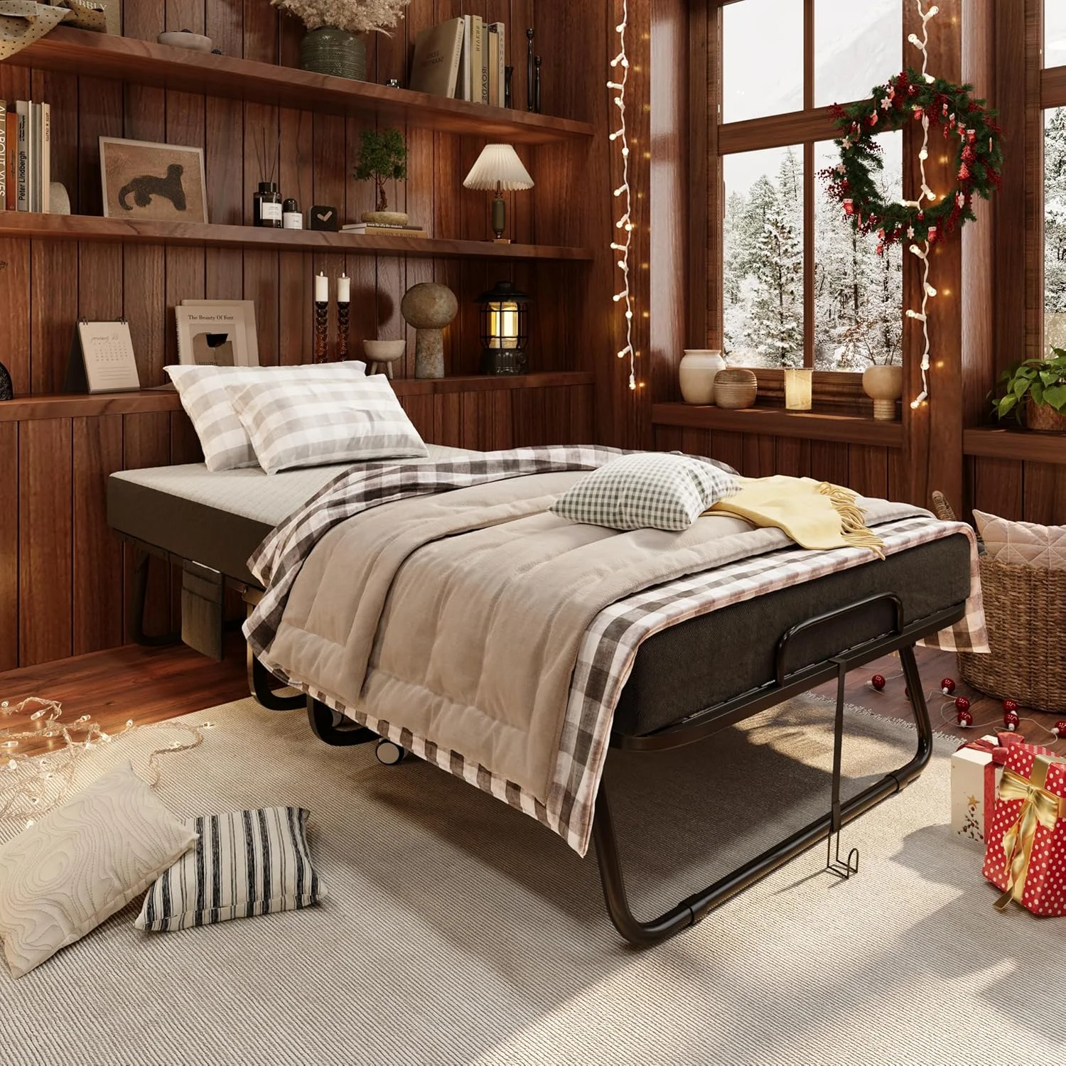 تخت تاشو CAIYUN با تشک، تختخواب سیار تاشو برای بزرگسالان - تخت تاشو با تشک فوم حافظه دار 5 اینچی و روکش نگهداری، تخت مهمان با تخت فلزی تاشو چرخ دار، 75"x31"