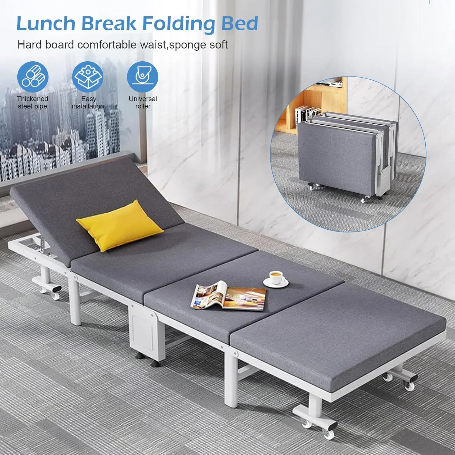 تخت تاشو مهمان CEIEVER، تخت تاشو قابل حمل با تنظیم پشتی 6 حالته، تخت خواب یک نفره متحرک با چرخ های 360 درجه، تخت تاشو با تشک برای خانه، دفتر، کمپینگ، RBF-E+CD5F6