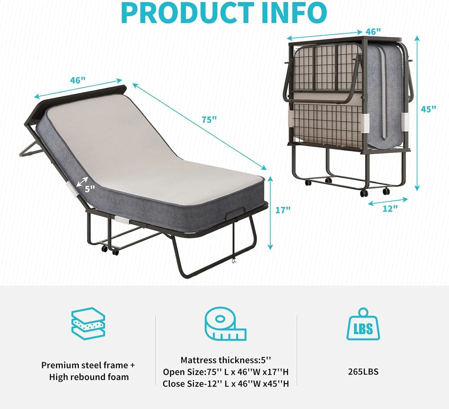 تخت تاشو CECER با تشک فوم 5 اینچی، تختخواب چرخدار 75" x 46"، تخت مهمان کم جا با تاج تخت، تخت اضافی تاشو قابل حمل سایز یک نفره برای بزرگسالان با قاب فلزی محکم