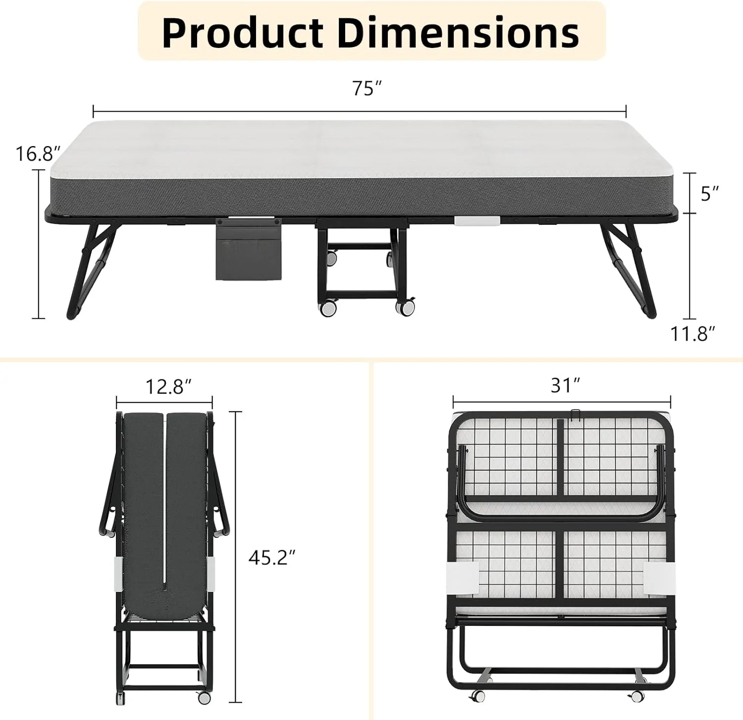 تخت تاشو CAIYUN با تشک، تختخواب سیار تاشو برای بزرگسالان - تخت تاشو با تشک فوم حافظه دار 5 اینچی و روکش نگهداری، تخت مهمان با تخت فلزی تاشو چرخ دار، 75"x31"