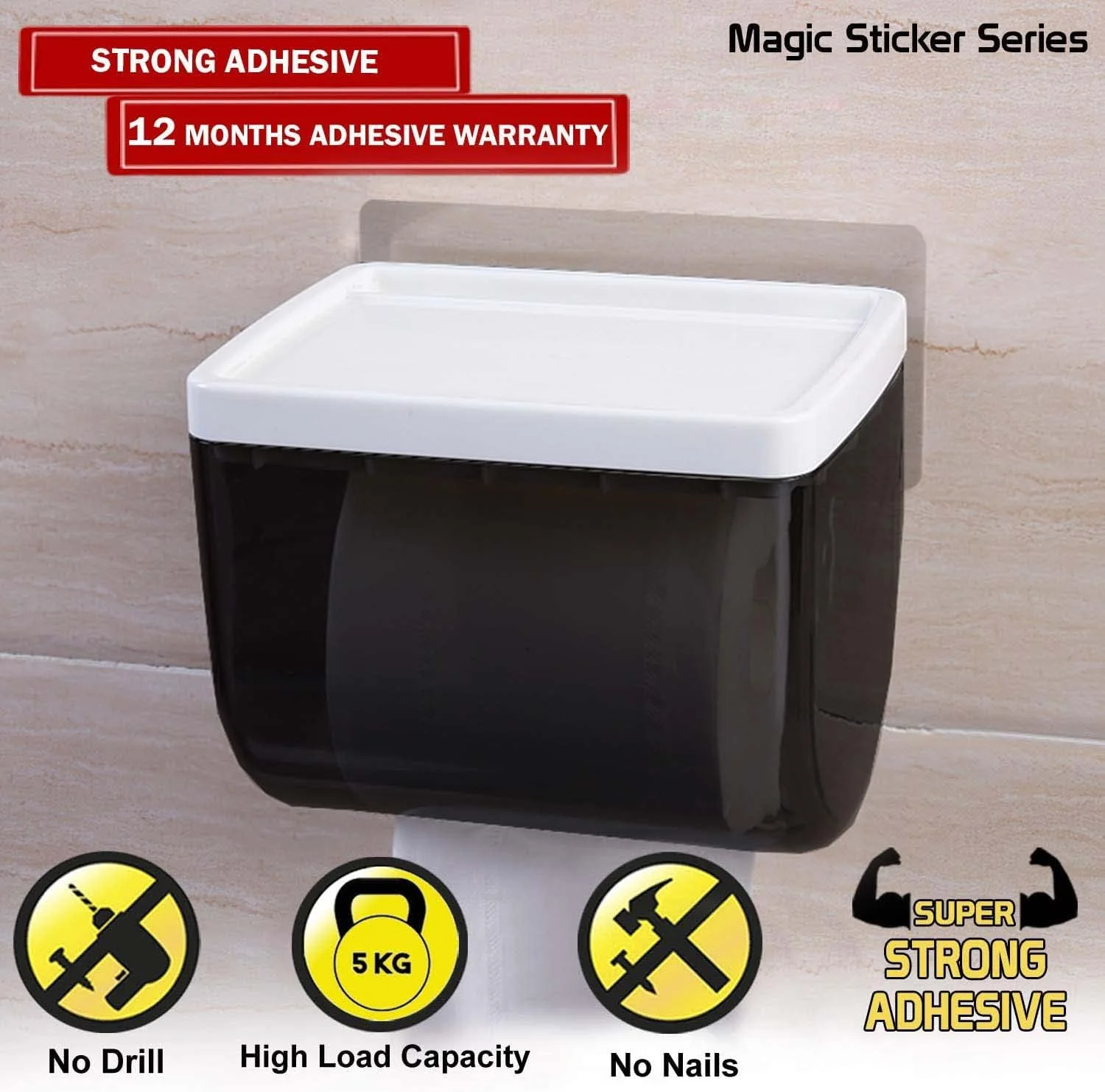 جا دستمال کاغذی چسبی جادویی HOKIPO® برای حمام - 100% ضد آب و دارای جای موبایل