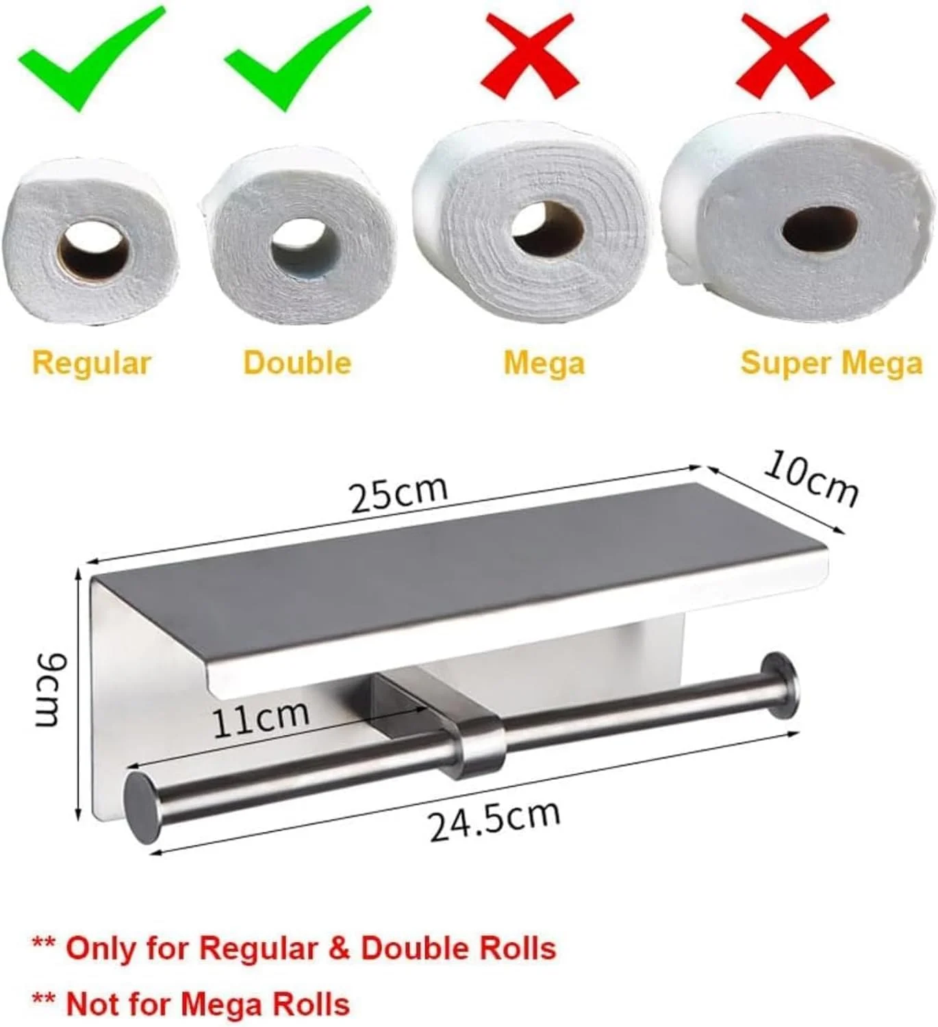 جا دستمال کاغذی دو قلو LSWYYP، جا رولی دستمال توالت استیل ضد زنگ با قفسه، جا دستمال کاغذی دیواری برای قفسه تلفن همراه حمام، نقره ای برس خورده