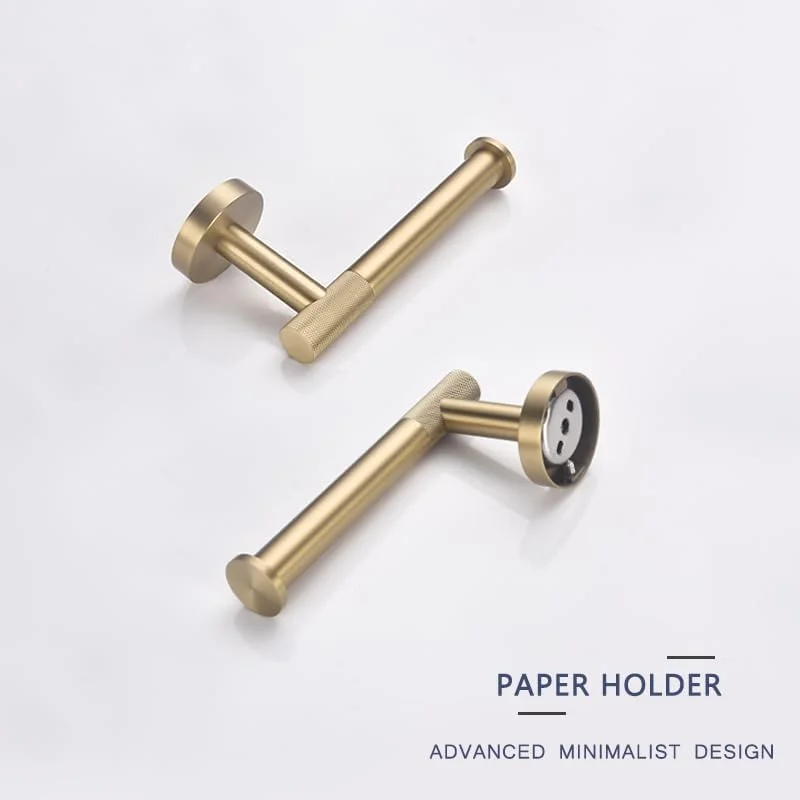 ست لوازم جانبی حمام طلایی برس خورده شامل میله حوله، جا دستمال توالت، آویز حوله و قلاب لباس (با جا مایع دستشویی)