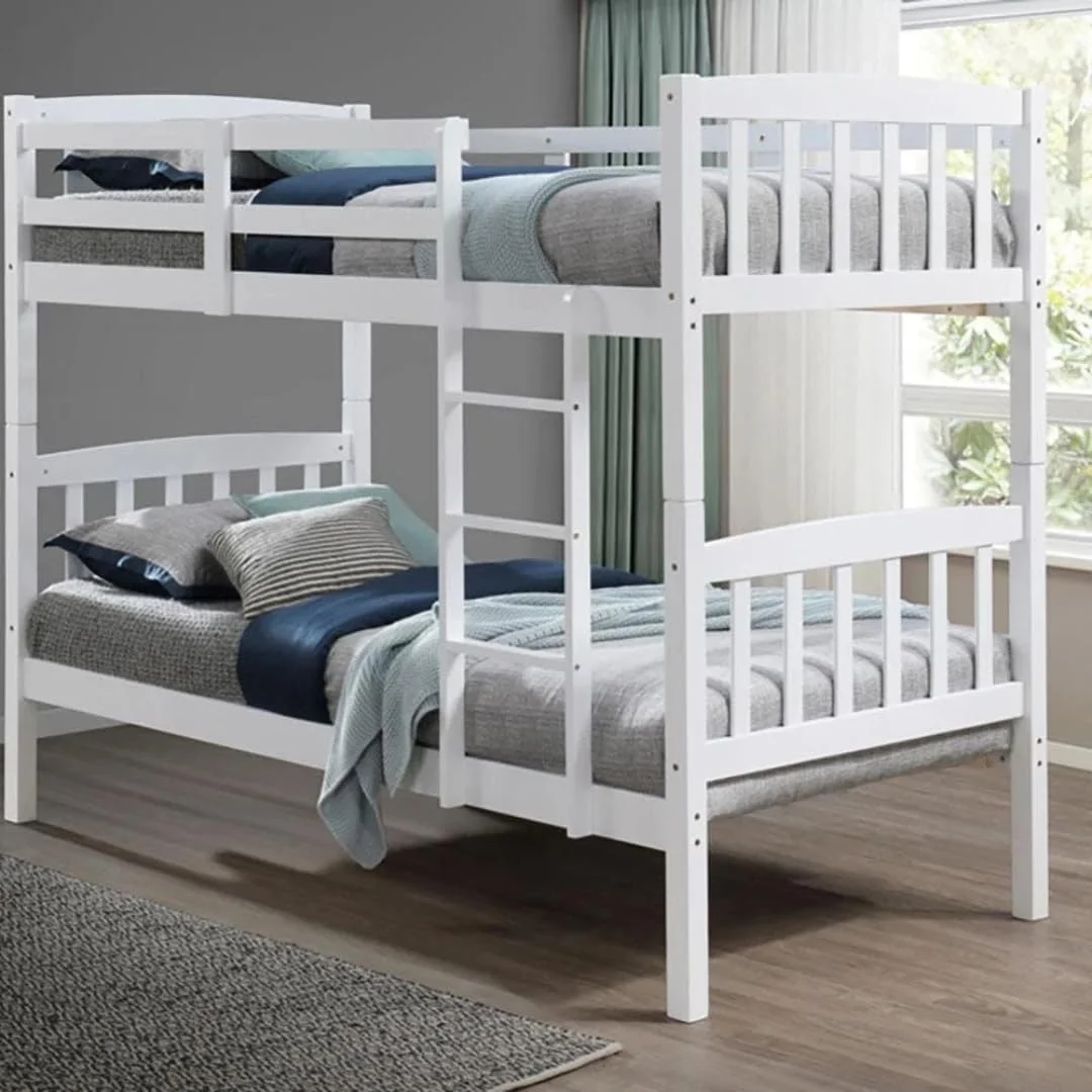 تخت خواب دو طبقه چوبی مدل Derby سایز یک نفره 90x190 به همراه نردبان | تخت خواب دو طبقه مقاوم (سفید) تخت خواب دو طبقه چوبی مدل Derby سایز یک نفره 90x190 به همراه نردبان | تخت خواب دو طبقه مقاوم (سفید)