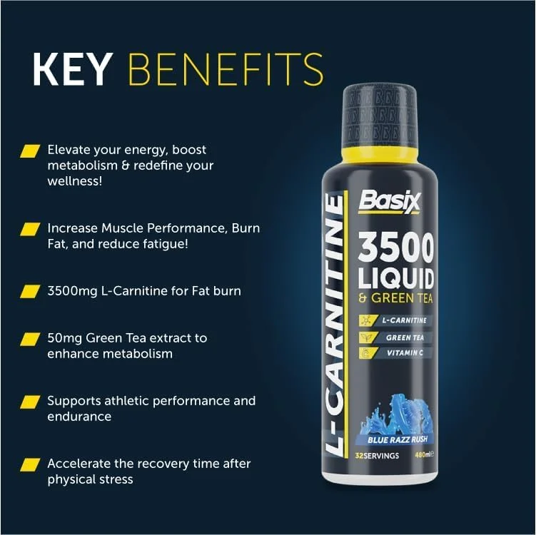 ال-کارنیتین و چای سبز Basix 3500 - طعم تمشک آبی (64 سروینگ - 480 میلی لیتر)
