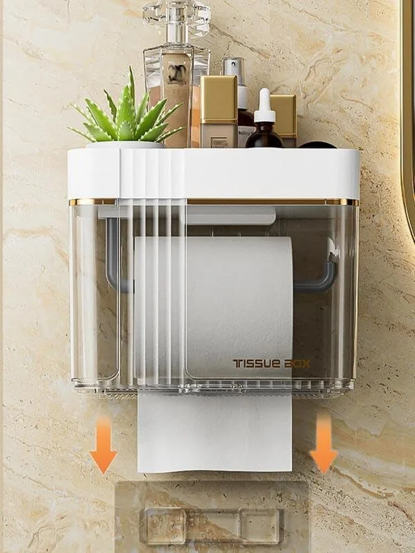 جا دستمال کاغذی چند منظوره، جعبه دستمال کاغذی ضد آب دیواری سازگار با دستمال کاغذی رولی برای حمام، آشپزخانه، اتاق نشیمن بدون نیاز به سوراخ کاری - سفید