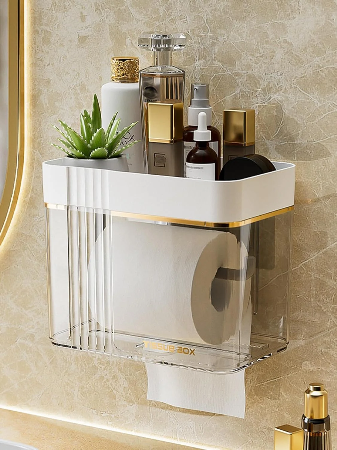 جا دستمال کاغذی چند منظوره، جعبه دستمال کاغذی ضد آب دیواری سازگار با دستمال کاغذی رولی برای حمام، آشپزخانه، اتاق نشیمن بدون نیاز به سوراخ کاری - سفید