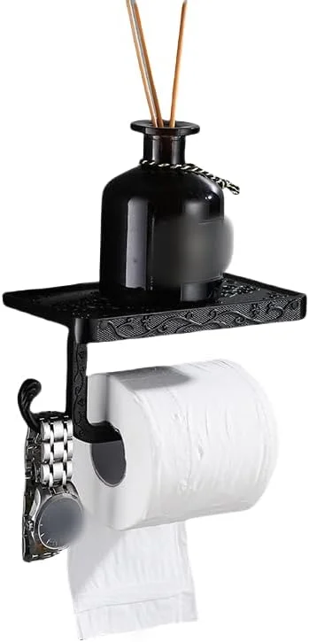 جا دستمال کاغذی رولی نامزی مدل وینتیج با قفسه، نگهدارنده دستمال توالت، نصب دیواری آلومینیومی، مشکی