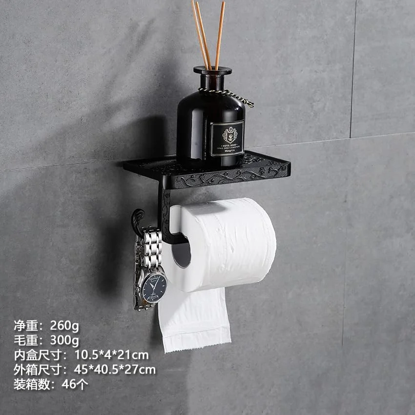 جا دستمال کاغذی رولی نامزی مدل وینتیج با قفسه، نگهدارنده دستمال توالت، نصب دیواری آلومینیومی، مشکی