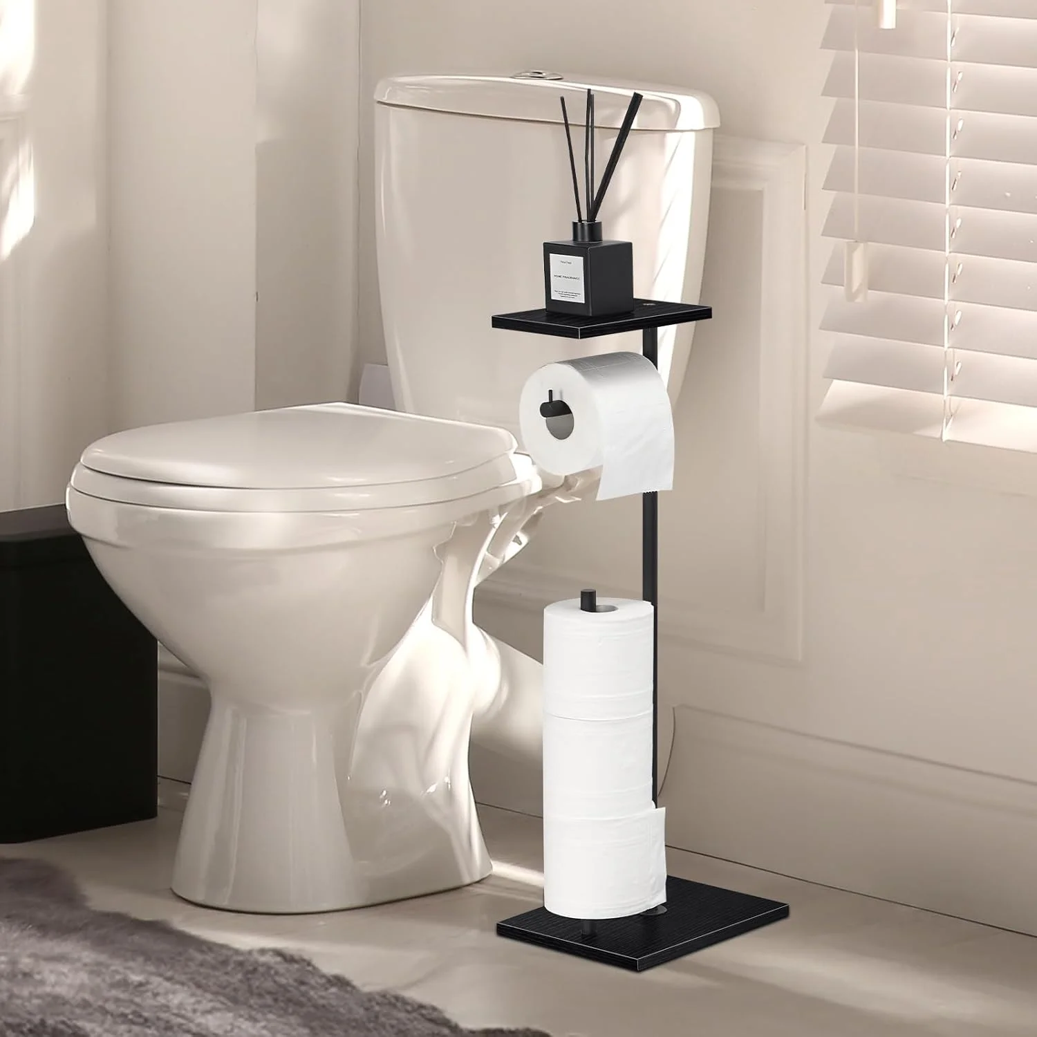 جا دستمال توالت ناندای ایستاده با قفسه بالایی برای نگهداری رول/تلفن/مجله، جا دستمال کاغذی و نگهدارنده برای حمام با صفحه گرد
