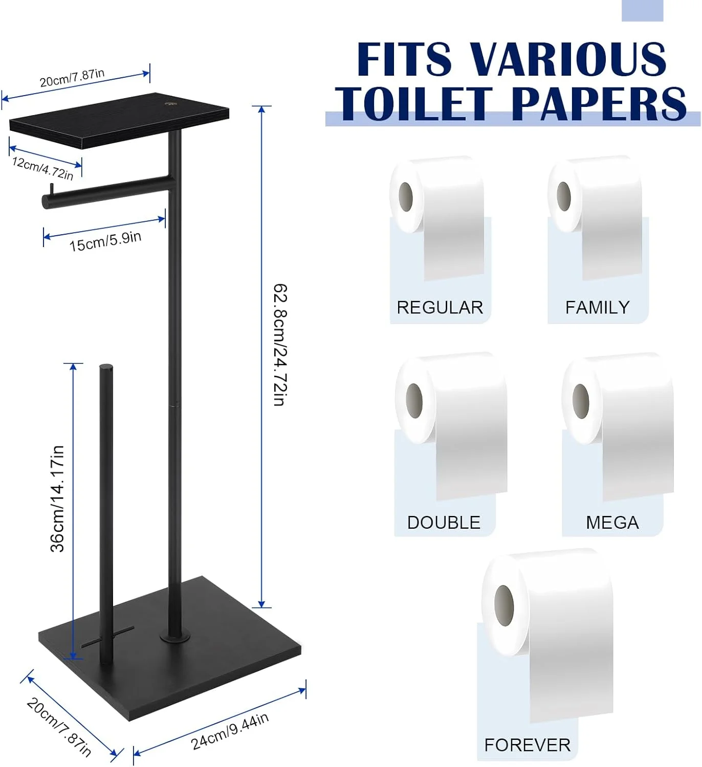 جا دستمال توالت ناندای ایستاده با قفسه بالایی برای نگهداری رول/تلفن/مجله، جا دستمال کاغذی و نگهدارنده برای حمام با صفحه گرد