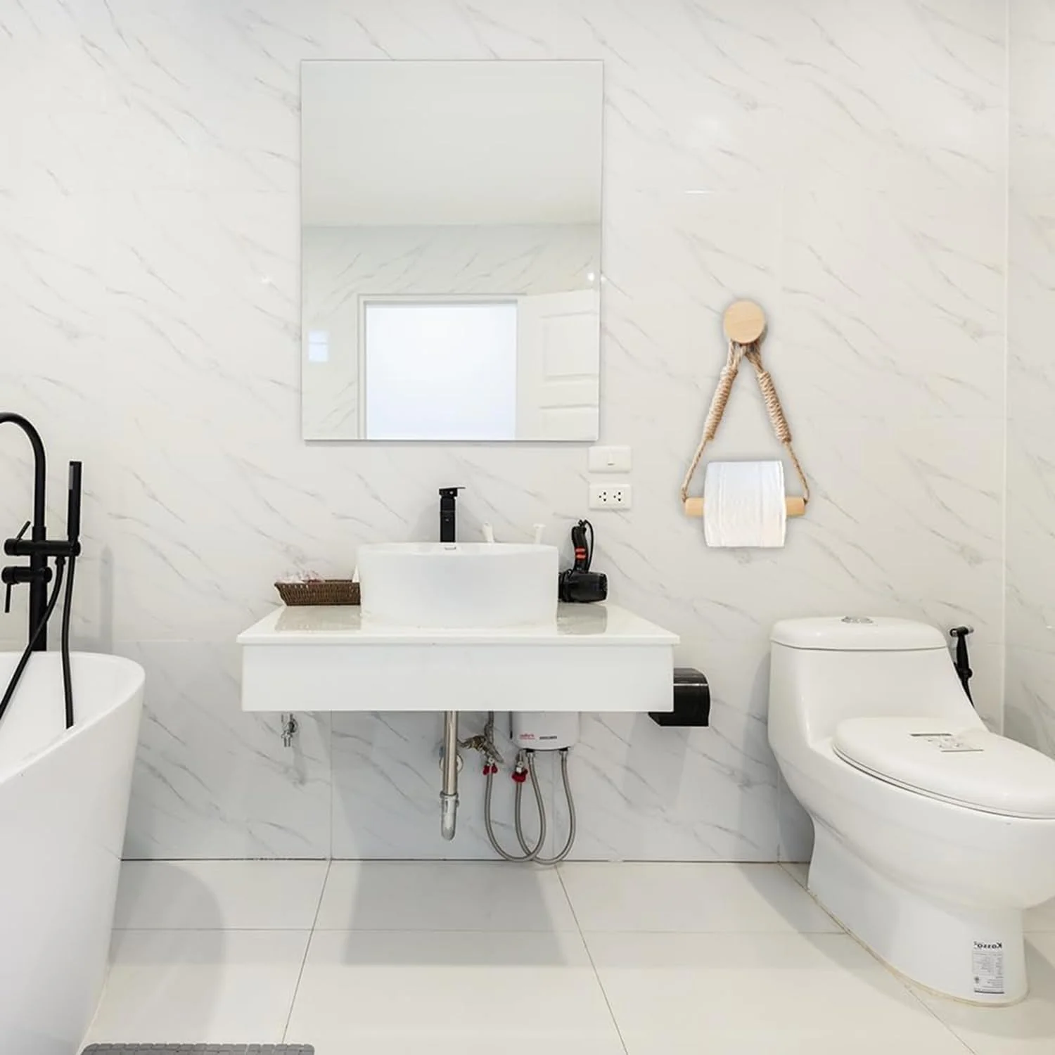 جا دستمال کاغذی دیواری چوبی و طنابی، نگهدارنده رول دستمال کاغذی دیواری روستیک، لوازم جانبی حمام دریایی با پیچ بدون درز خود چسب