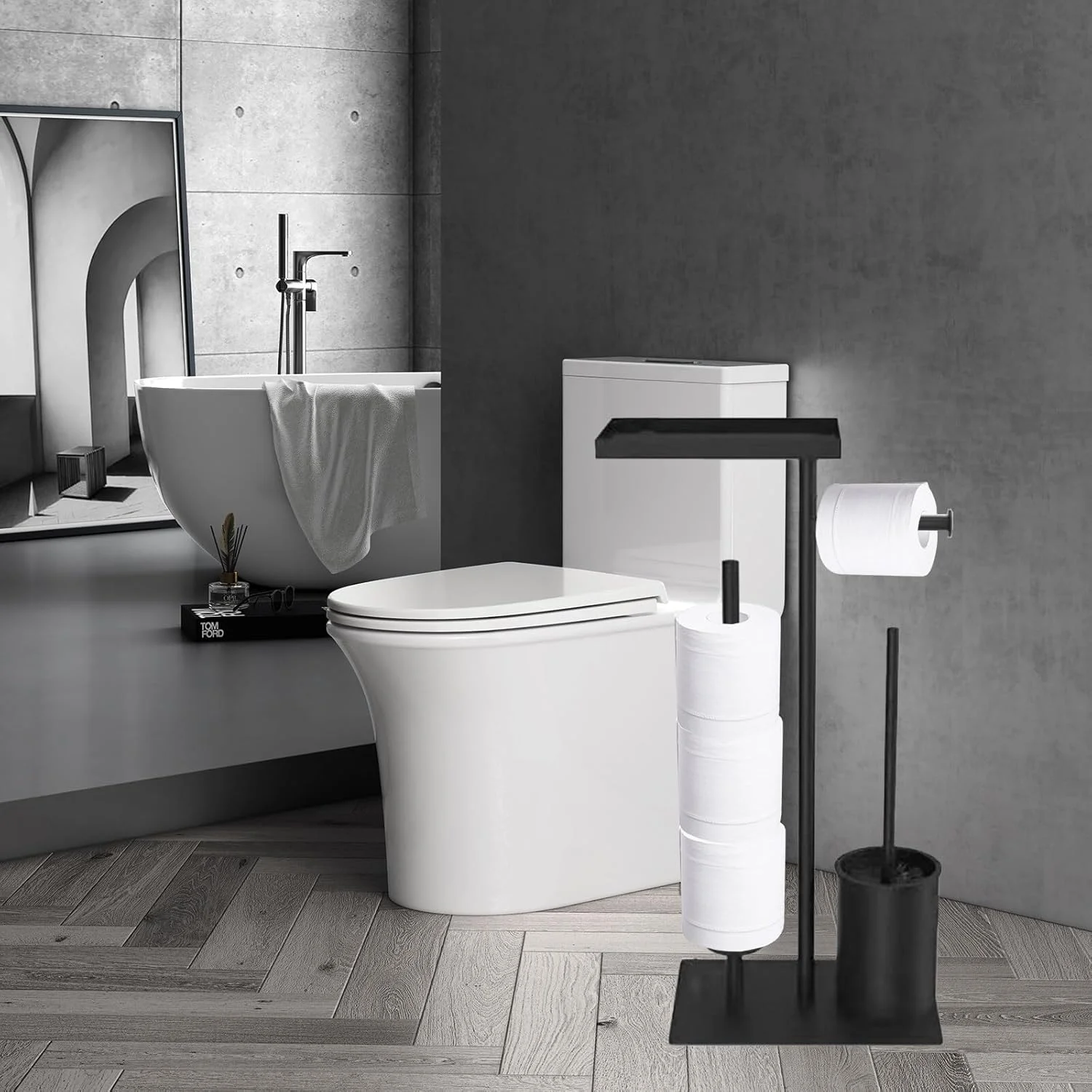 پایه نگهدارنده دستمال توالت NCONCO، نگهدارنده دستمال کاغذی توالت ایستاده، برس توالت و ست نگهدارنده رول توالت ایستاده، جا دستمال کاغذی ایستاده با قابلیت نگهداری 3 رول