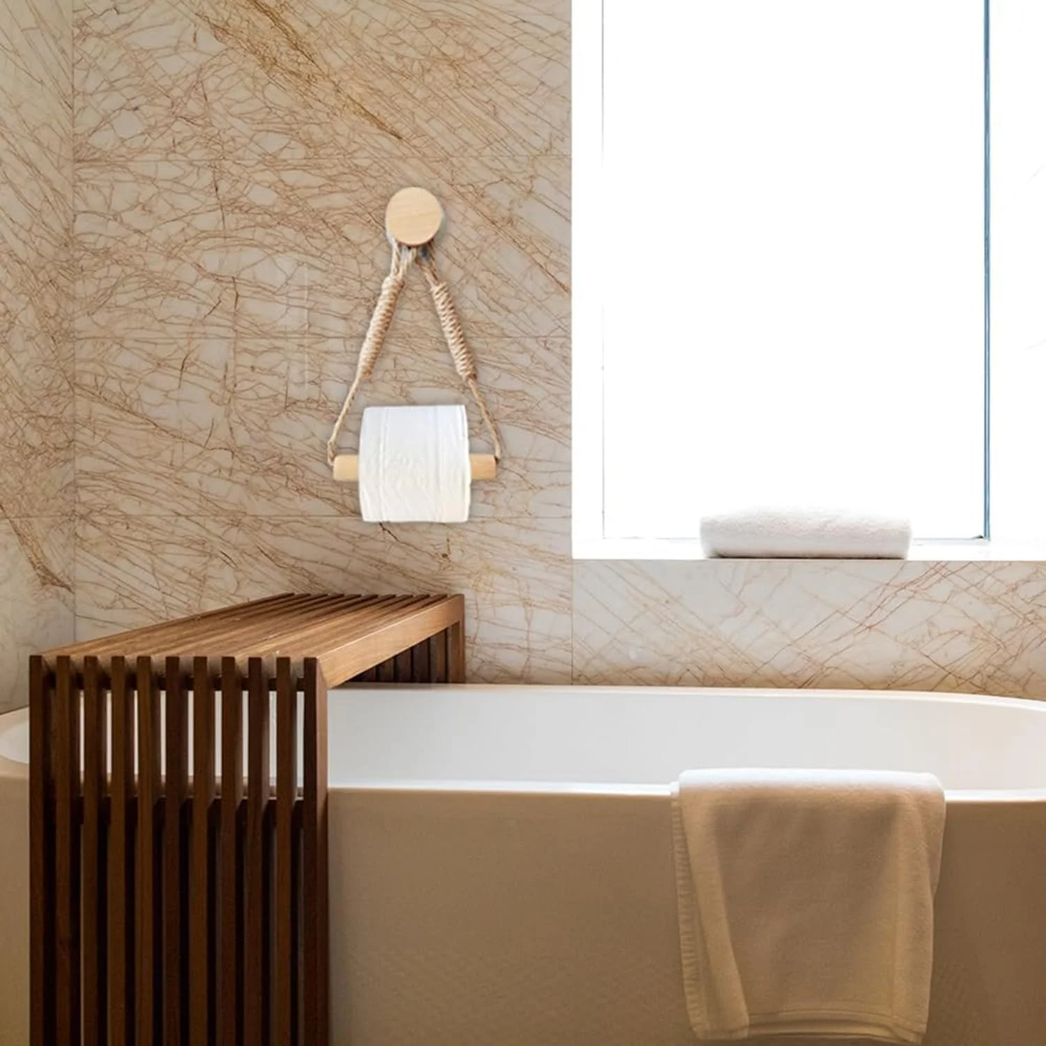 جا دستمال کاغذی دیواری چوبی و طنابی، نگهدارنده رول دستمال کاغذی دیواری روستیک، لوازم جانبی حمام دریایی با پیچ بدون درز خود چسب