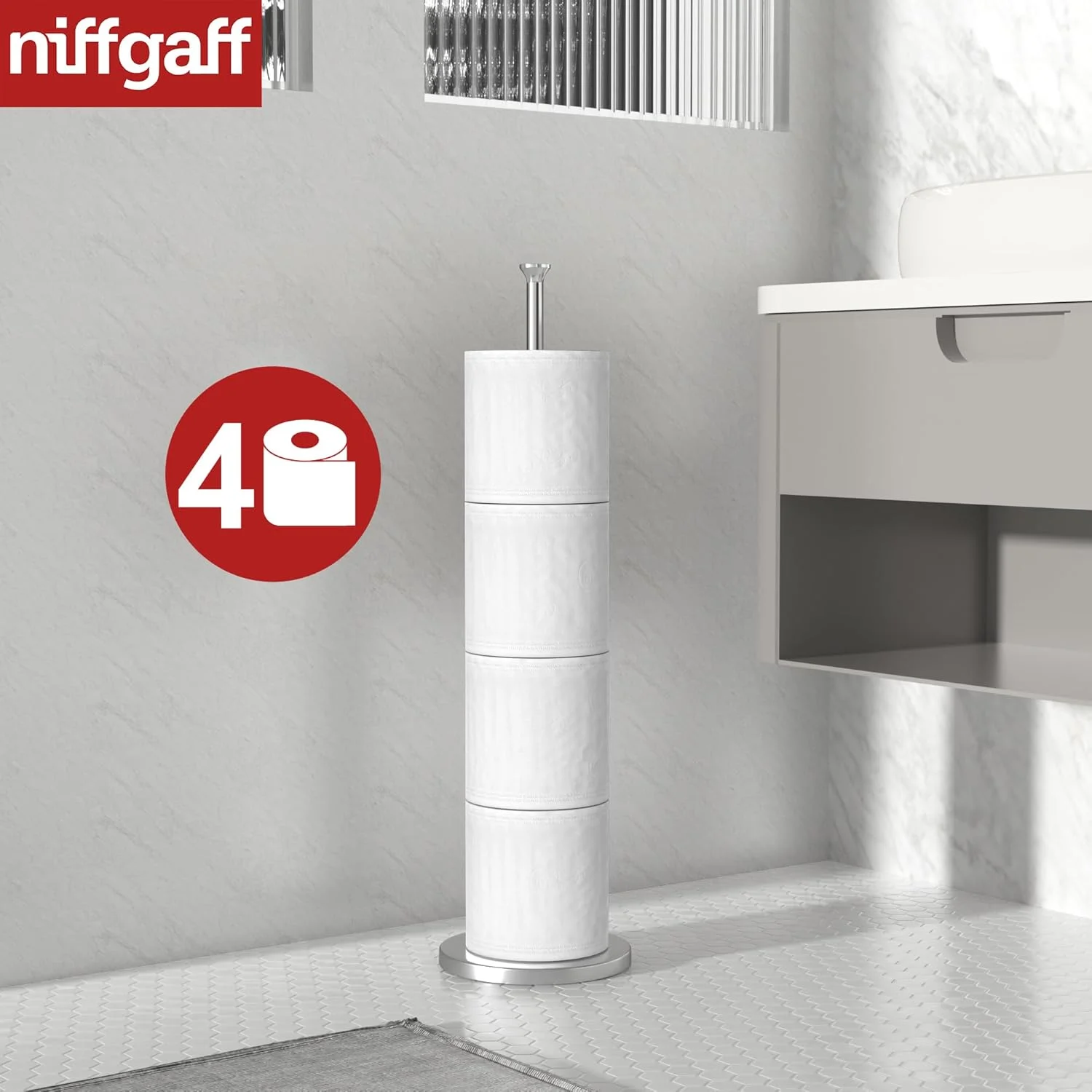 پایه نگهدارنده دستمال توالت niffgaff (دارای عملکرد ذخیره سازی)، پایه نگهدارنده دستمال توالت ایستاده، پایه نگهدارنده رول دستمال توالت استیل ضد زنگ برای نگهداری رول های اضافی حمام و توالت