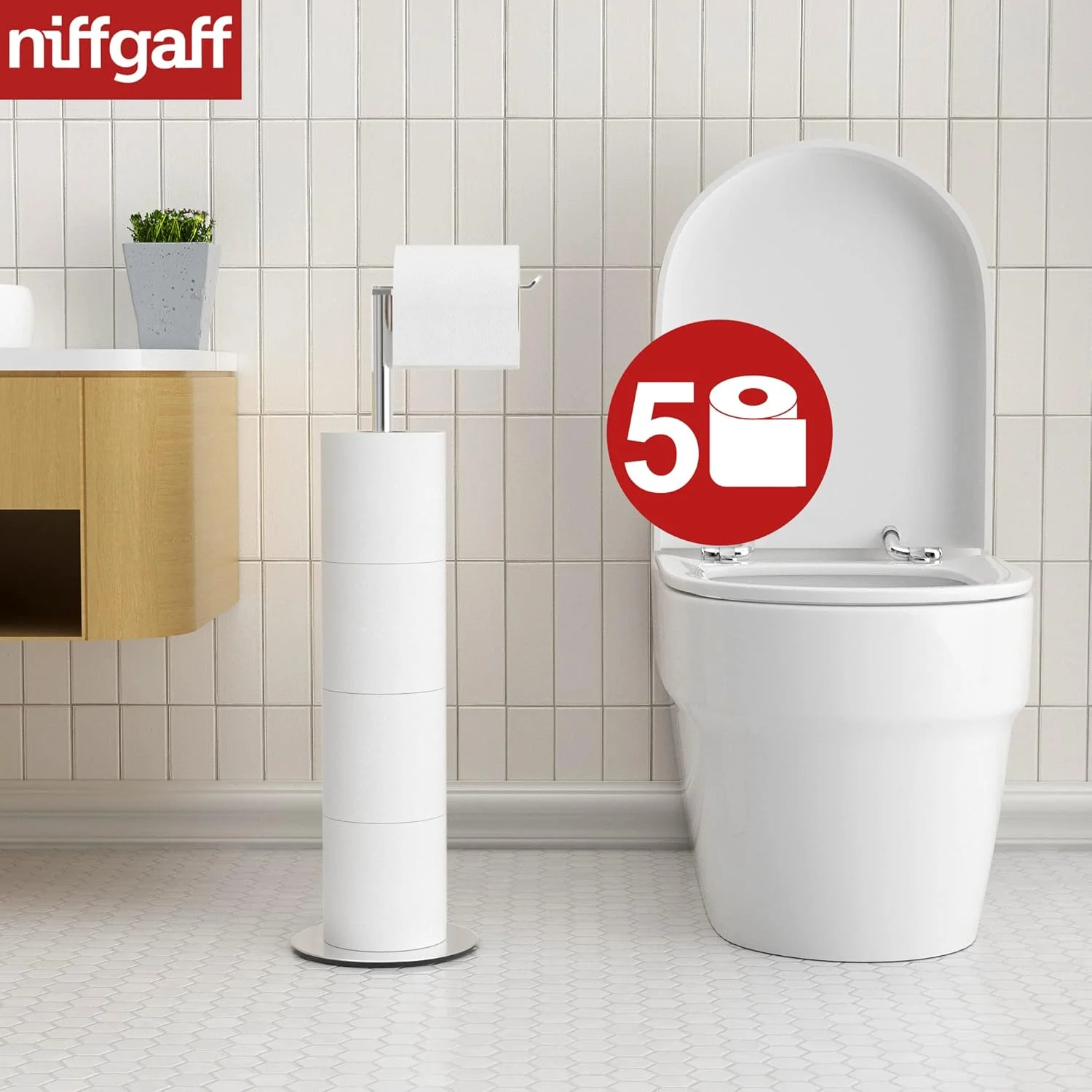 پایه نگهدارنده و پخش کننده دستمال توالت NIFFGAFF برای 4 رول اضافی، ذخیره سازی دستمال توالت، قفسه استیل ضد زنگ ایستاده برای نگهداری رول دستمال کاغذی توالت، لوازم جانبی حمام