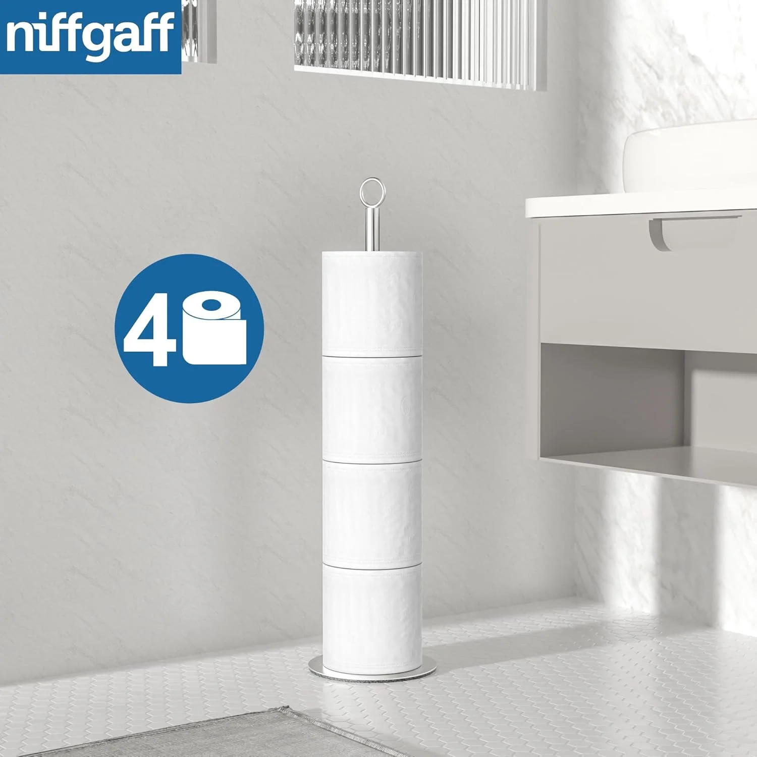 پایه نگهدارنده دستمال توالت niffgaff - با عملکرد ذخیره سازی، پایه نگهدارنده دستمال توالت ایستاده، پایه نگهدارنده رول دستمال توالت استیل ضد زنگ برای حمام و توالت و ذخیره سازی رول های اضافی