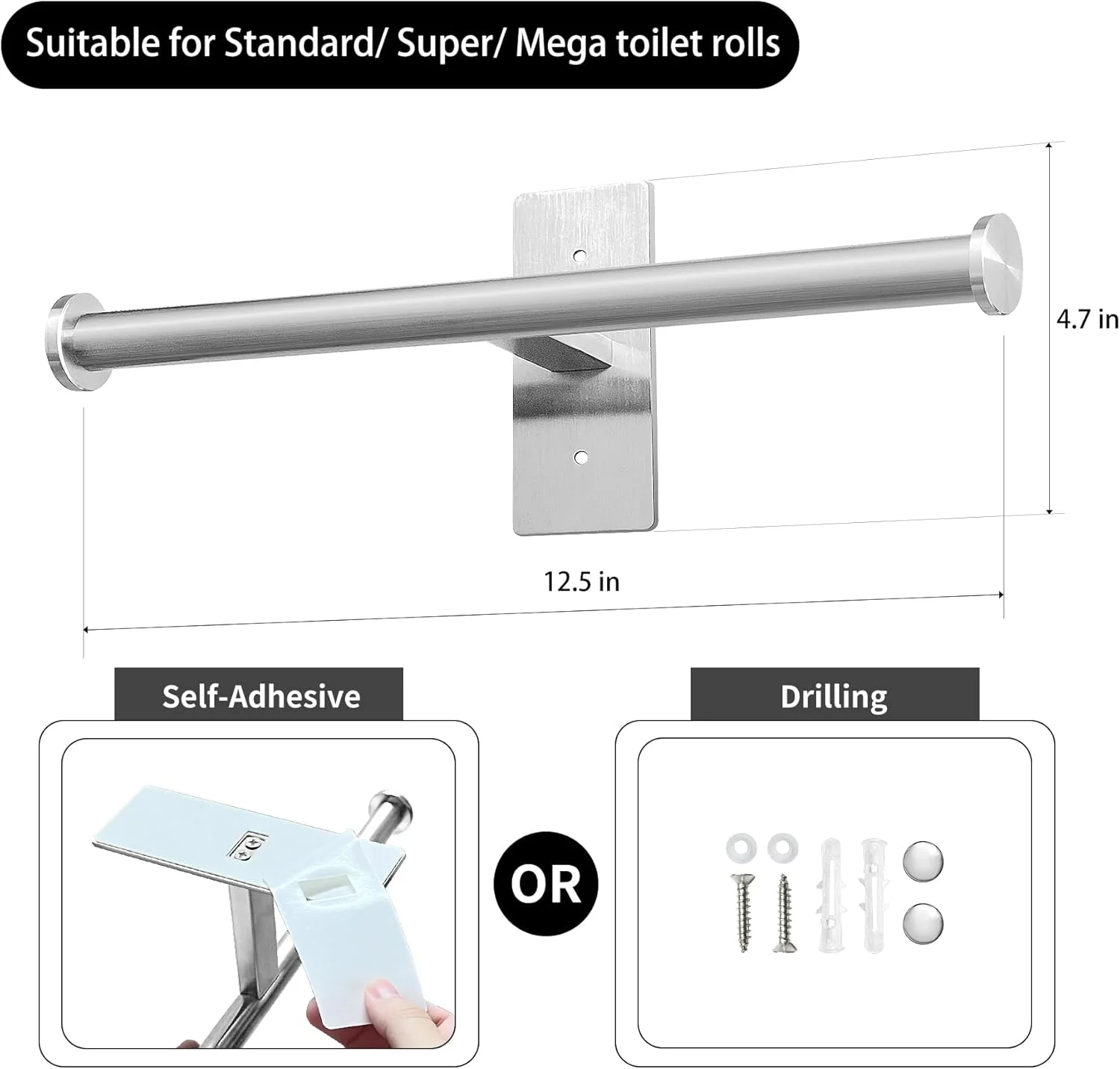 نگهدارنده دو رولی دستمال توالت OBODING، نگهدارنده دستمال توالت استیل ضد زنگ، نصب دیواری با چسب یا پیچ برای حمام (نقره ای)