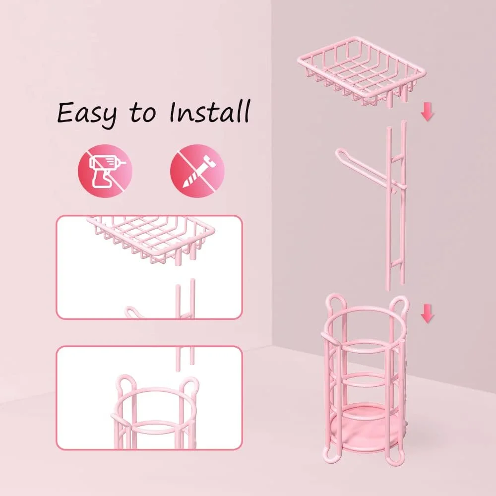 جا دستمال کاغذی ایستاده صورتی - پخش کننده رول ایستاده با فضا برای نگهداری 4 رول بزرگ، تلفن و دستمال مرطوب