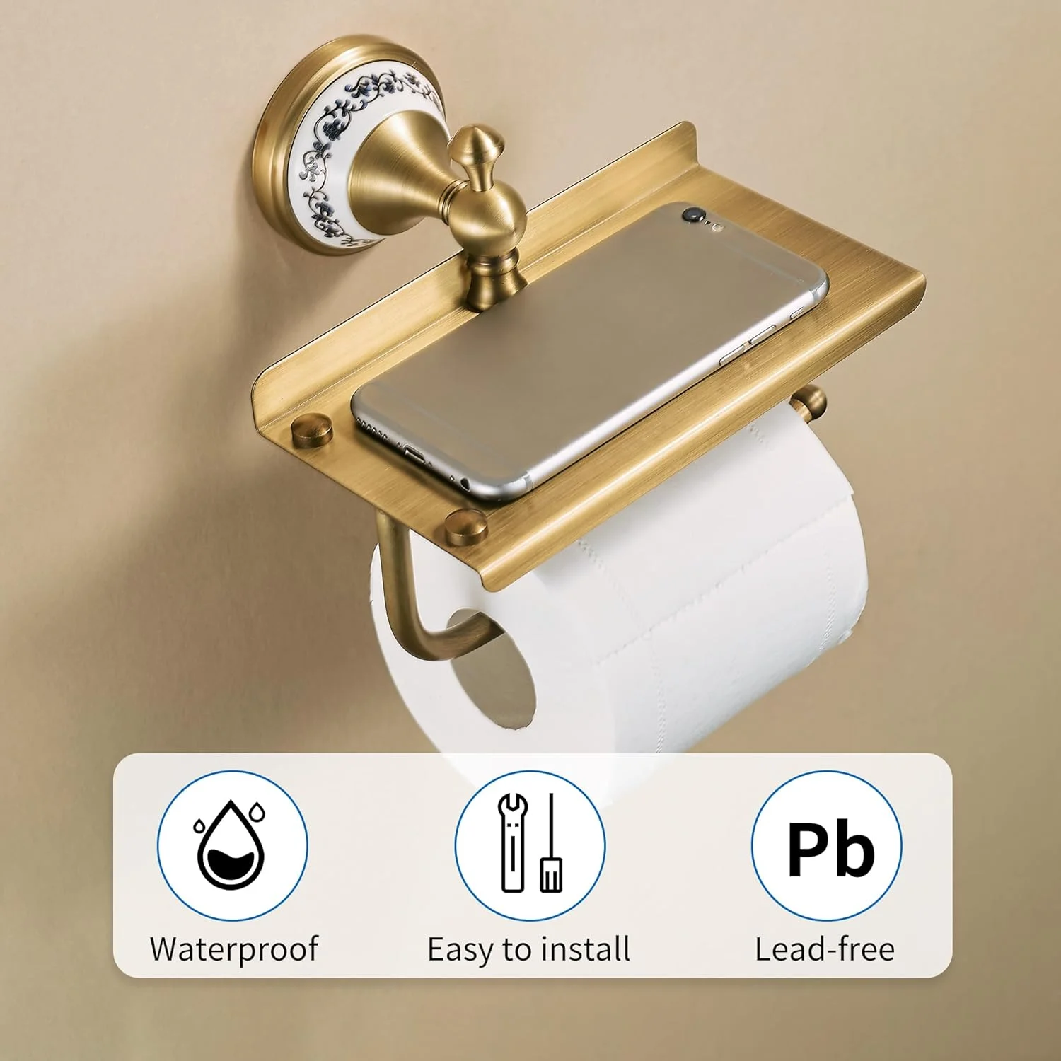 نگهدارنده دستمال توالت PEONYBATH با قفسه تلفن، نگهدارنده رول دستمال توالت حمام، برنجی عتیقه برنزی نصب شده روی دیوار، لوازم جانبی سخت افزاری حمام، طراحی چینی