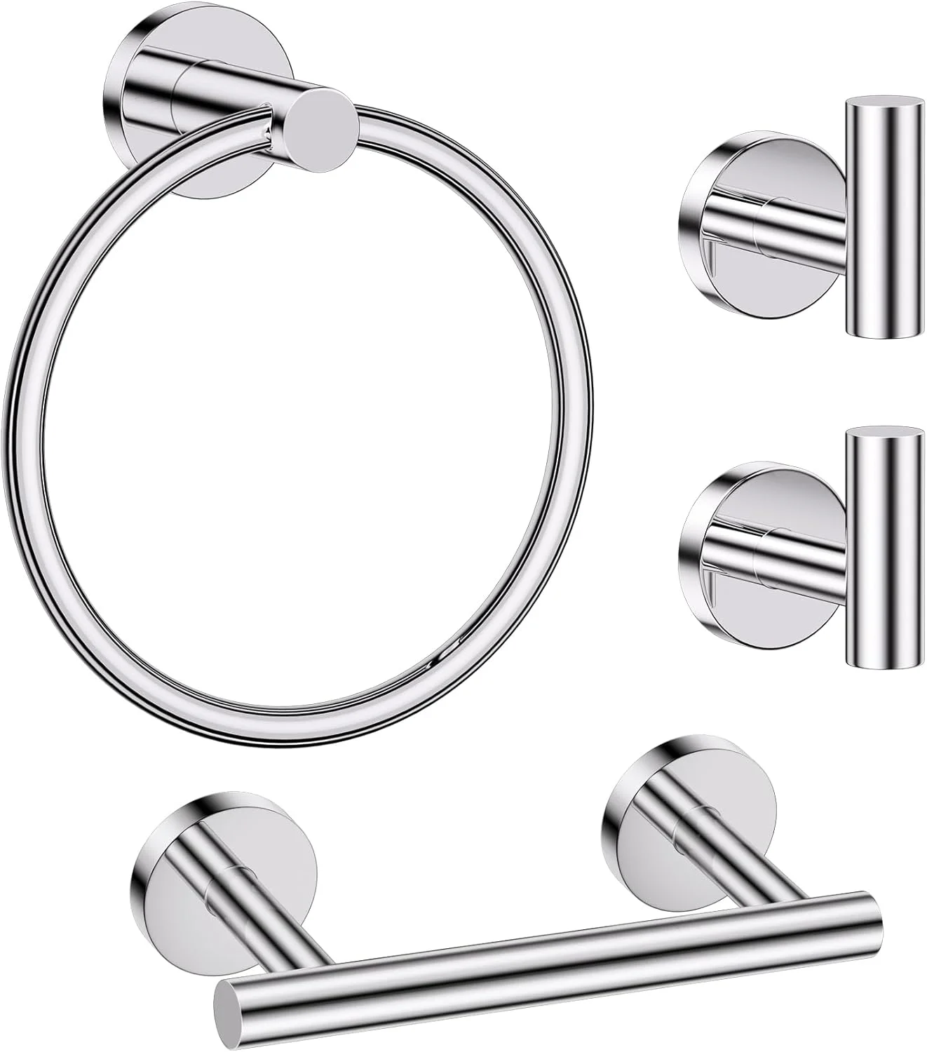 ست لوازم جانبی حمام کروم براق، ست جا حوله ای 4 تکه شامل جا دستمال کاغذی با پایه دوبل، حلقه حوله و 2 عدد قلاب حوله، ست لوازم جانبی حمام استیل ضد زنگ نصب شده روی دیوار