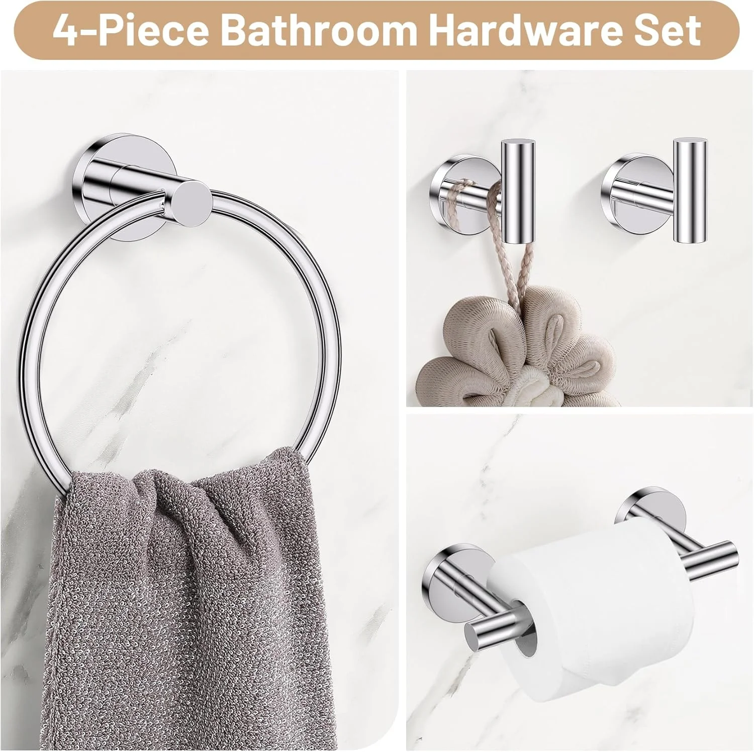 ست لوازم جانبی حمام کروم براق، ست جا حوله ای 4 تکه شامل جا دستمال کاغذی با پایه دوبل، حلقه حوله و 2 عدد قلاب حوله، ست لوازم جانبی حمام استیل ضد زنگ نصب شده روی دیوار