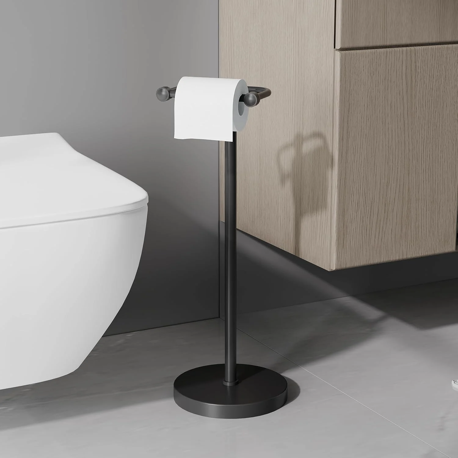 پایه نگهدارنده رول دستمال توالت RARXTR، جا دستمال کاغذی ایستاده مدرن برای حمام، قفسه دستمال کاغذی استیل ضد زنگ، ضد زنگ و دارای پایه سنگین و پایدار (مشکی مات)
