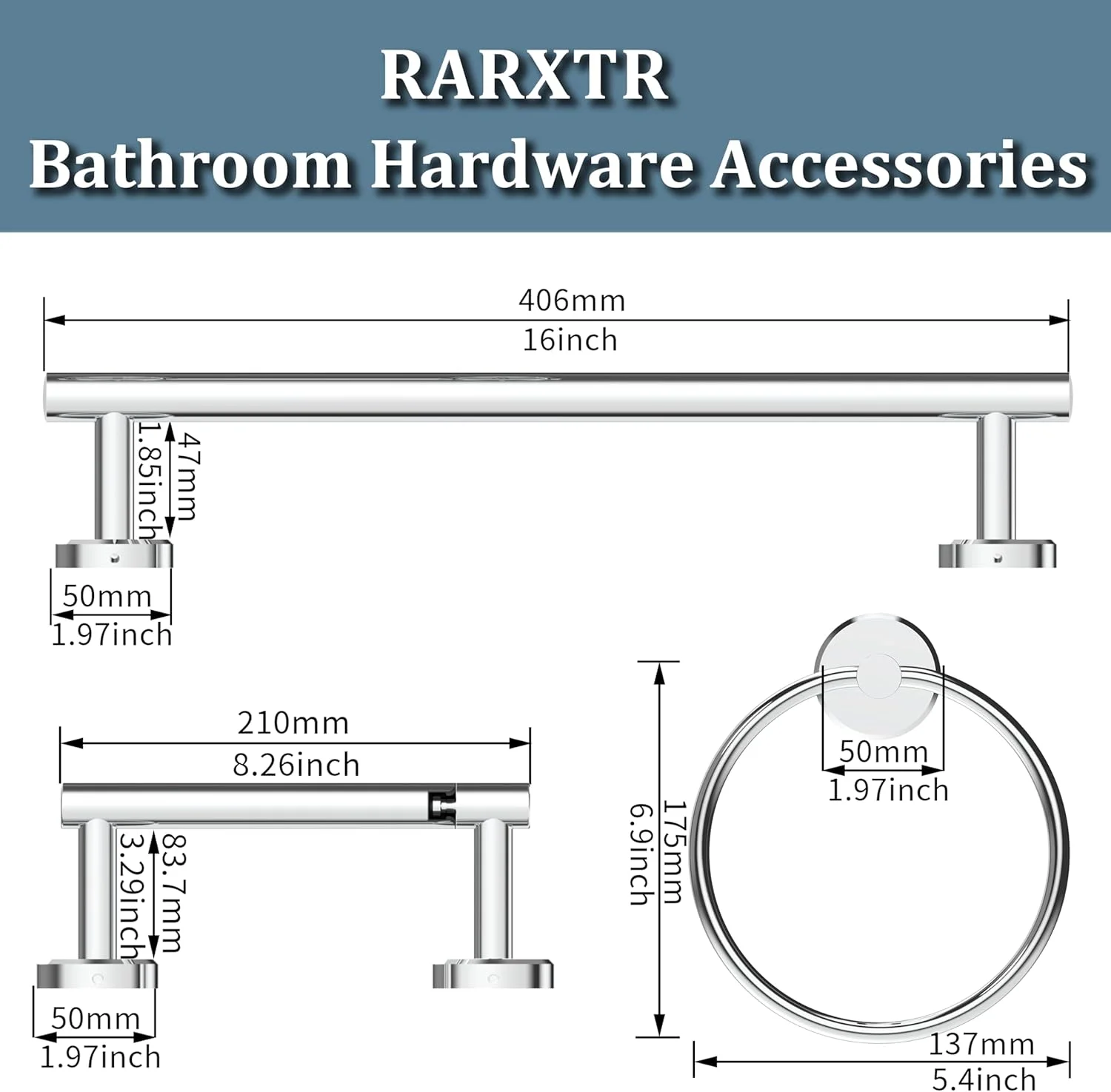 ست لوازم جانبی حمام 3 تکه RARXTR با جا دستمال توالت، حلقه حوله، میله حوله، استیل ضد زنگ SUS304، نگهدارنده رول دستمال کاغذی دیواری، نگهدارنده حوله حمام، ست قفسه حوله