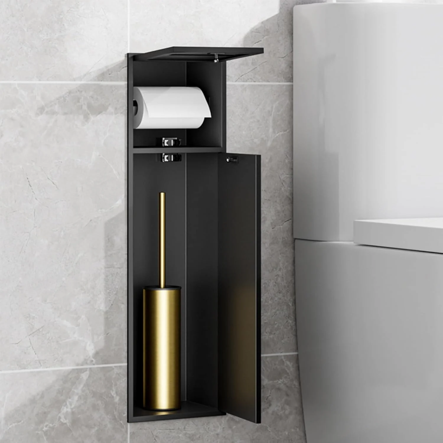 جا دستمال کاغذی توکار و جا برس توالت، استیل ضد زنگ، دارای محفظه و محل نگهداری، جا دستمال کاغذی دیواری، مناسب برای حمام، مشکی مات