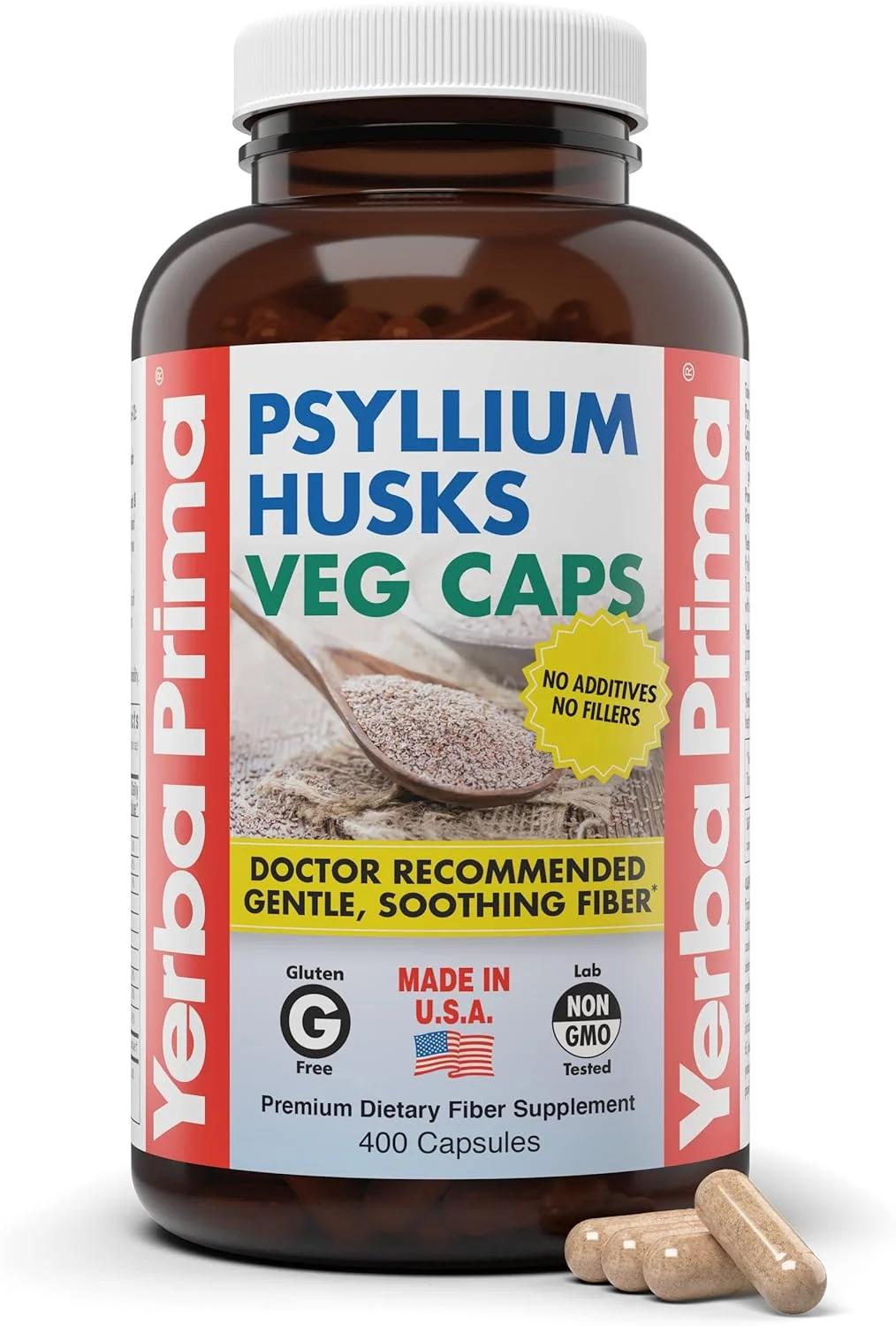 کپسول پوسته پسیلیوم Yerba Prima، 400 کپسول (625 میلی گرم) - وگان، غیر GMO، بدون گلوتن، پاک کننده روده بزرگ، مکمل فیبر روزانه