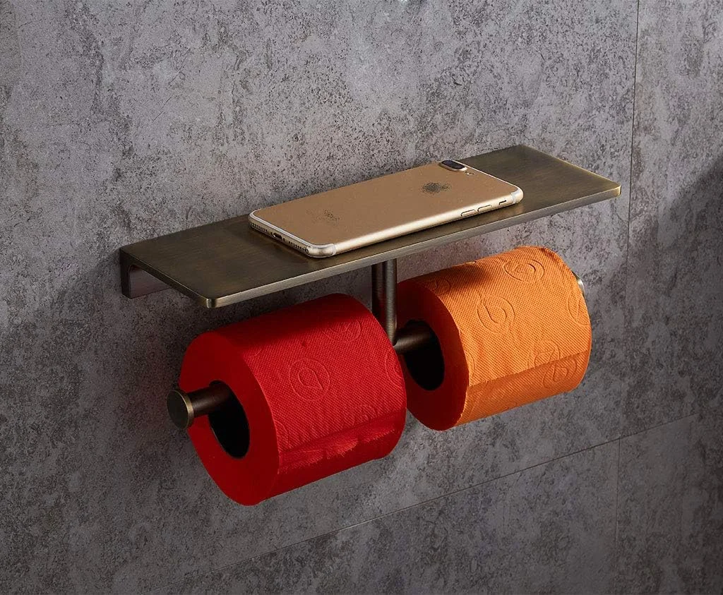 جا دستمال کاغذی رولی دوقلو منحصر به فرد SANLIV، جنس برنج سنگین، مناسب هتل، دارای قفسه تلفن، پرداخت شده با برنز برس خورده