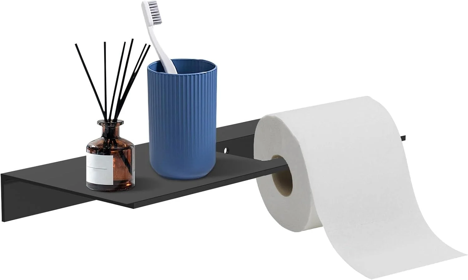 جا دستمال کاغذی توالت، جا دستمال کاغذی خود چسب دار با قفسه، 28 x 12.5 x 3.5 سانتی متر، بدون نیاز به سوراخ کاری، نصب دیواری برای رول های دستمال توالت، پخش کننده فلزی ضد زنگ برای حمام (مشکی)